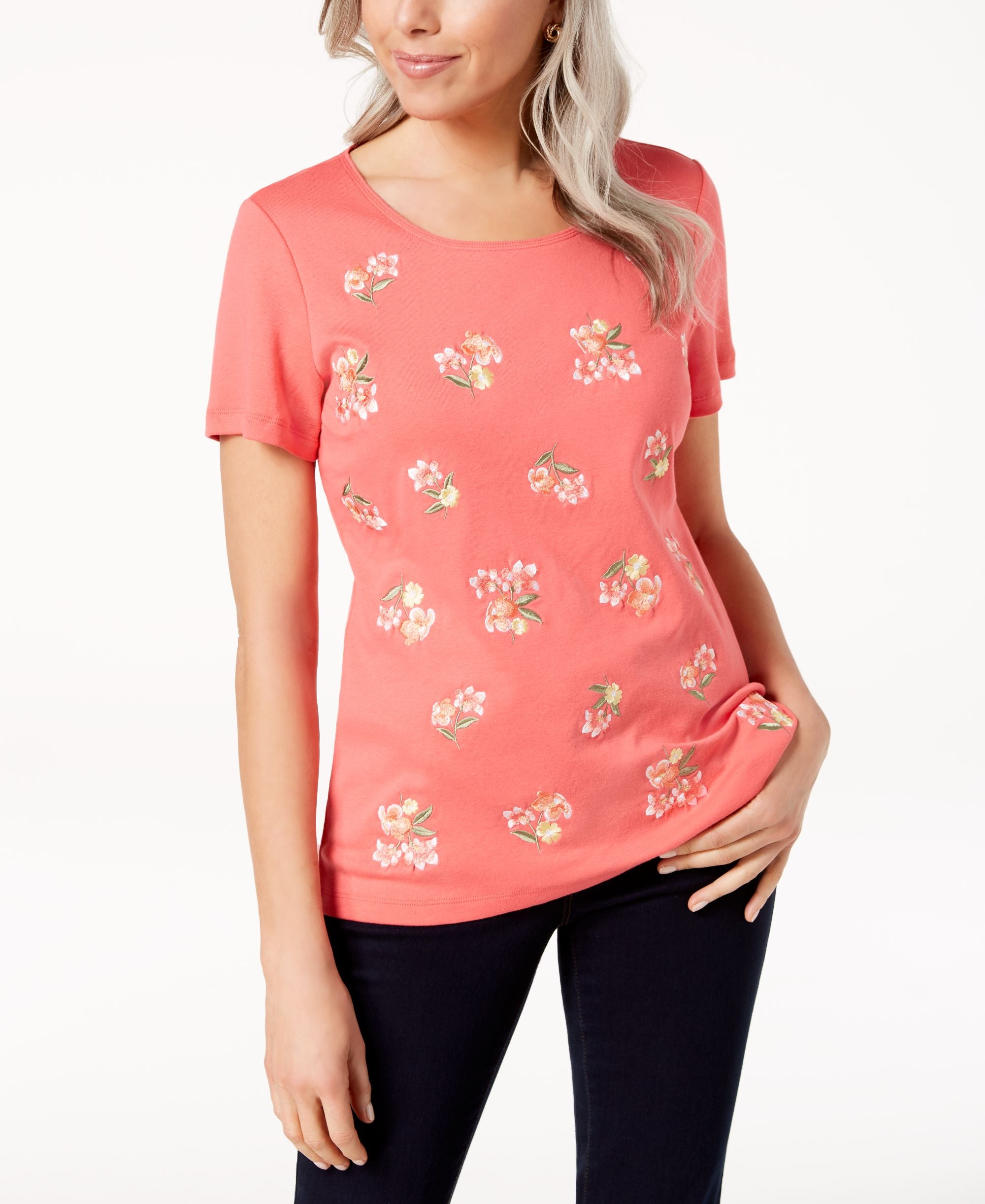 Karen Scott Petite Cotton Embroidered Top