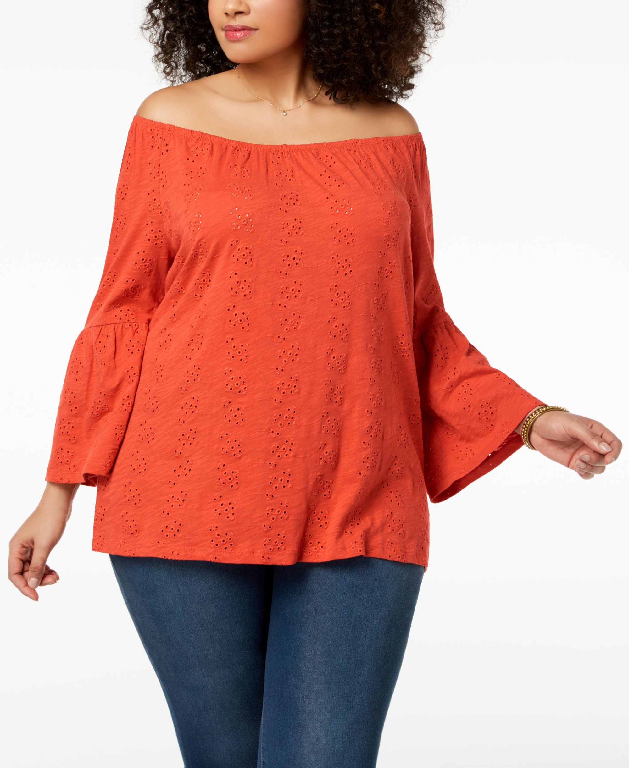 Style & Co Plus Size Cotton Eyelet Off The Shoulder Bell Sleeve Top