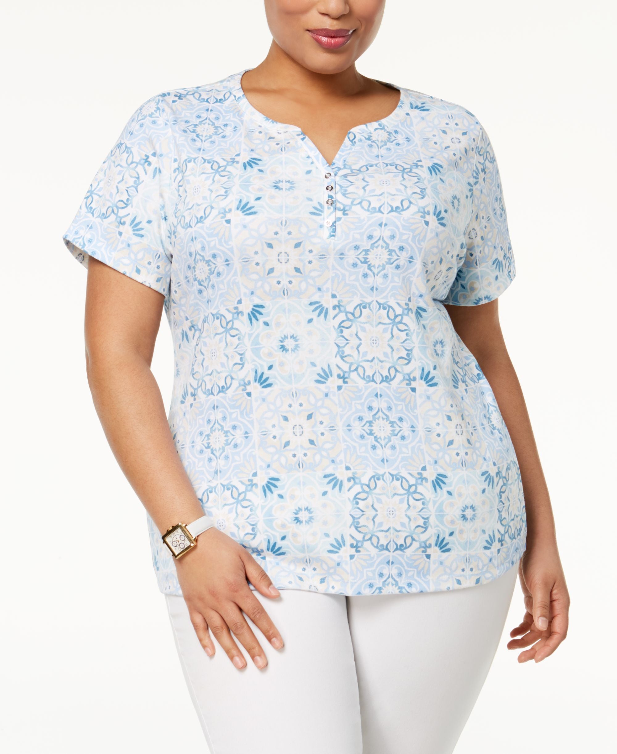 Karen Scott Plus Size Printed Short Sleeve Henley Top