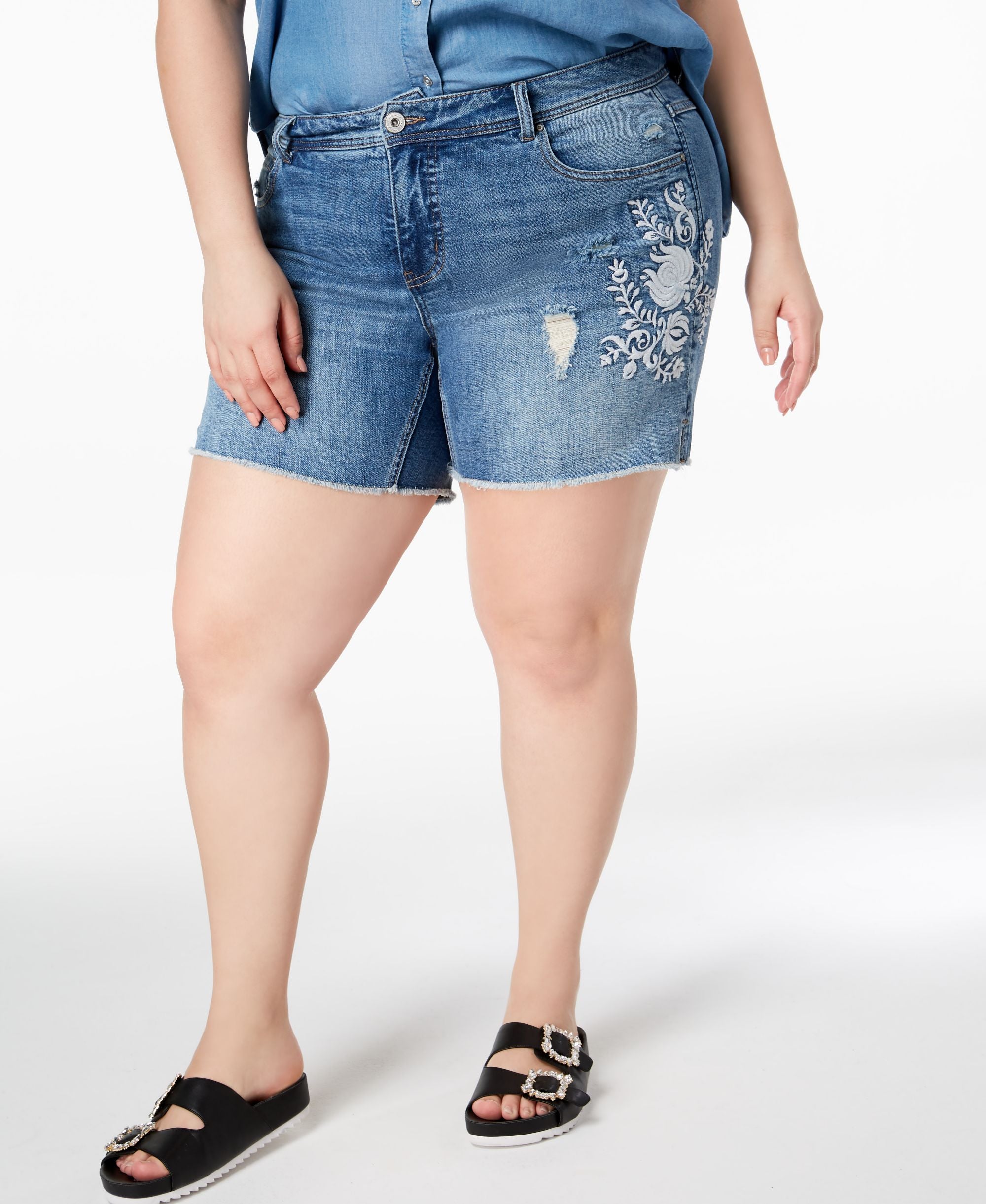Plus Size Embroidered Tummy Control Denim Shorts