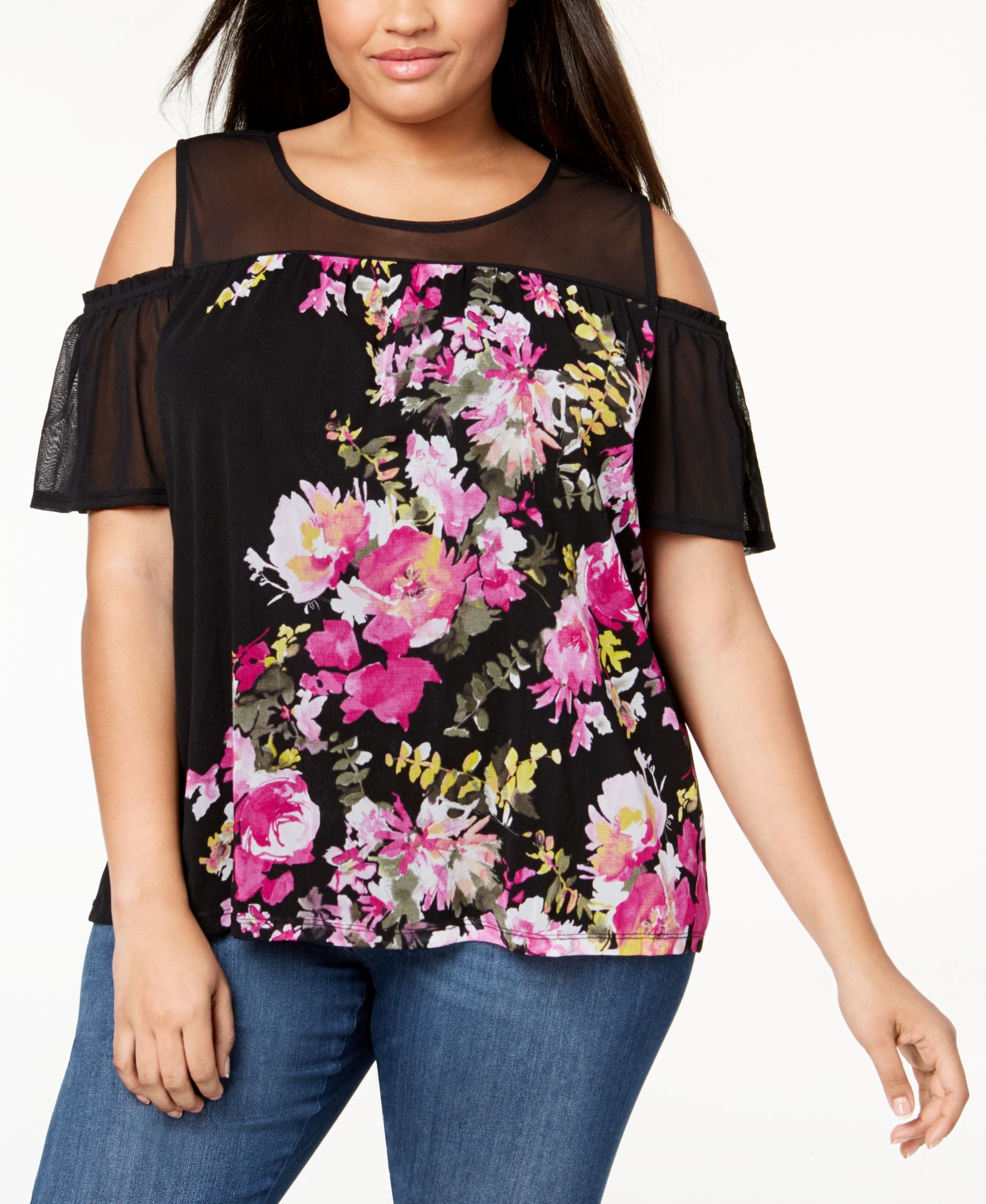 Plus Size Cold Shoulder Mesh Top