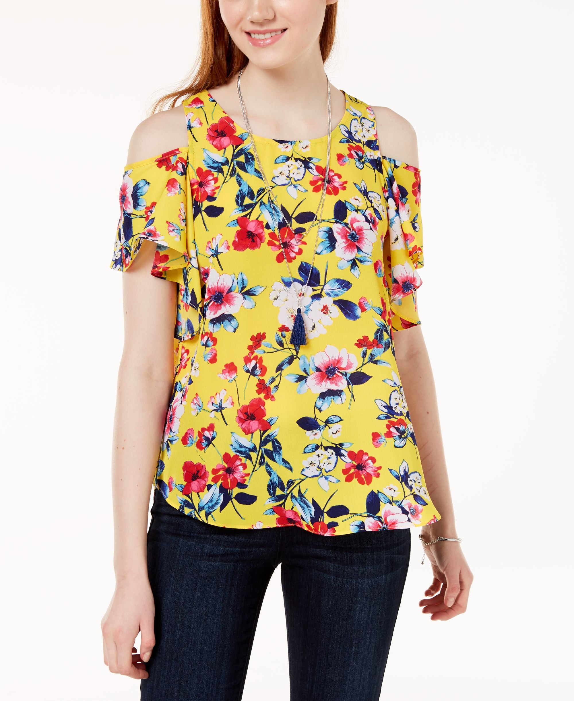Bcx Juniors Printed Cold Shoulder Necklace Top