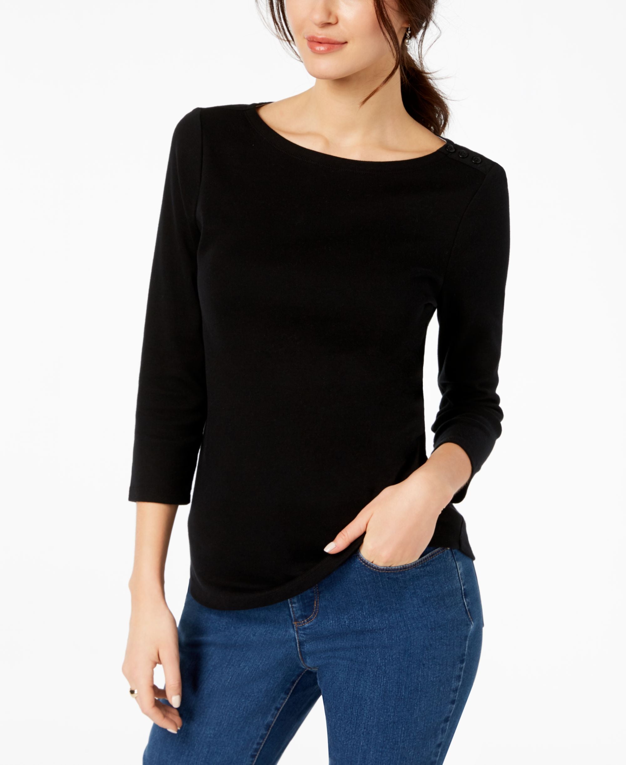 Petite Pima Cotton Button-Shoulder Top