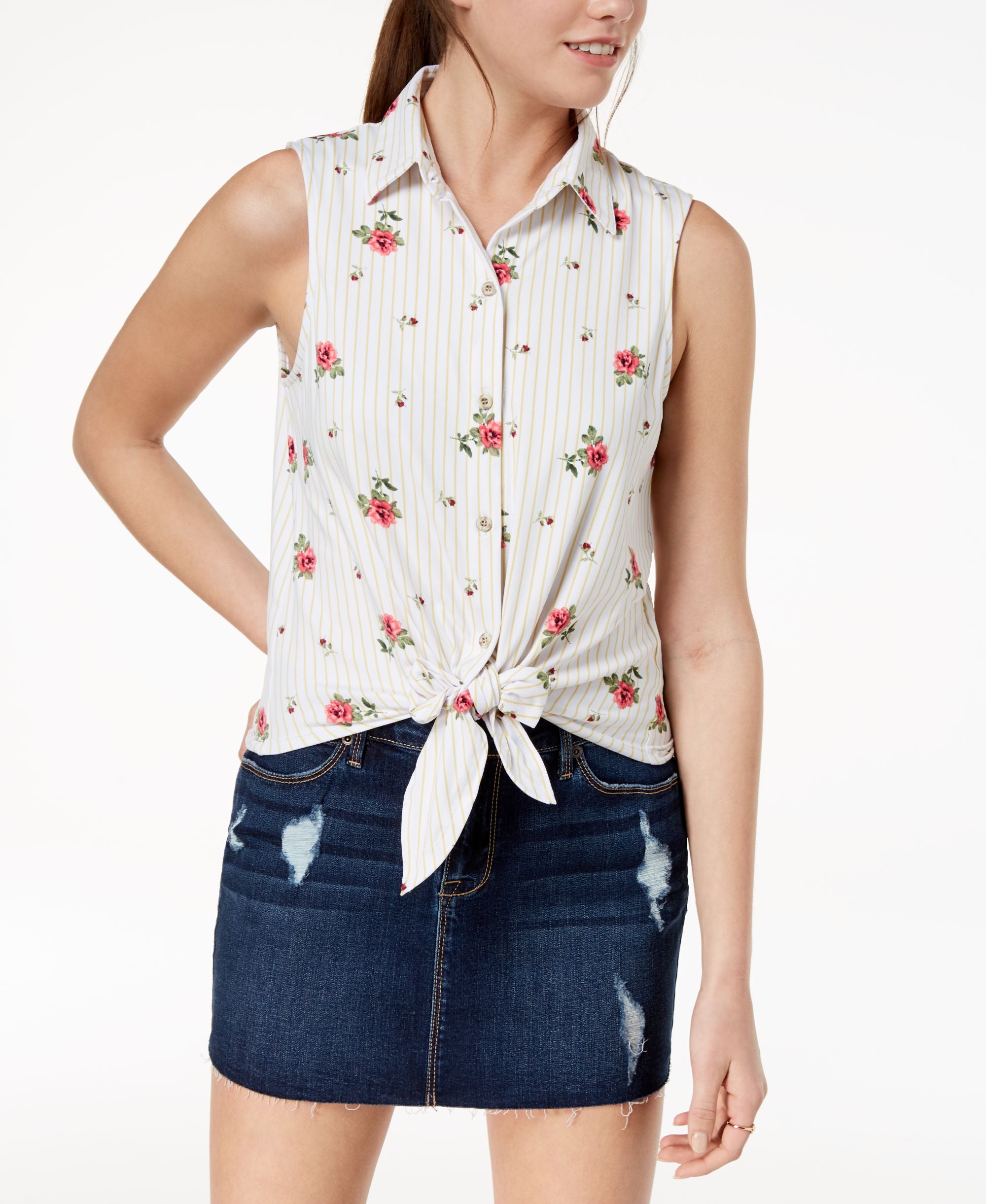 Juniors' Printed Tie-Front Top