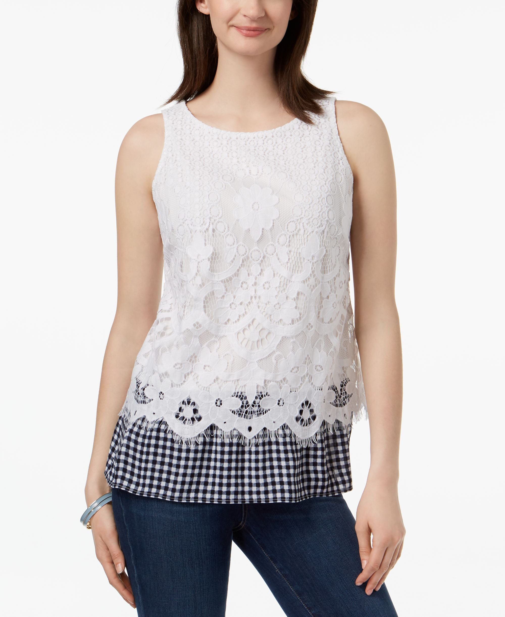 Charter Club Gingham Hem Lace Top