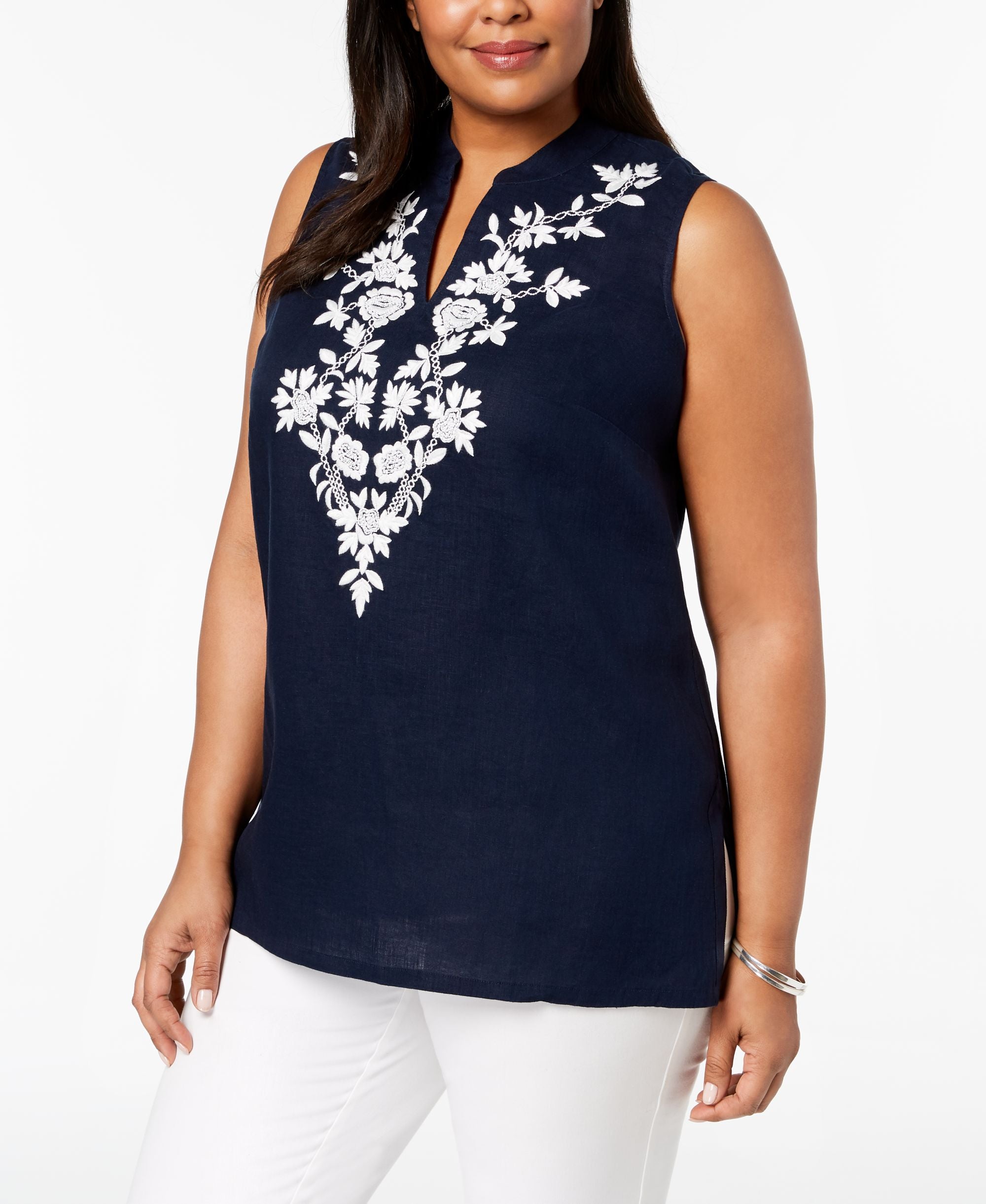 Charter Club Plus Size Linen Embroidered Tunic