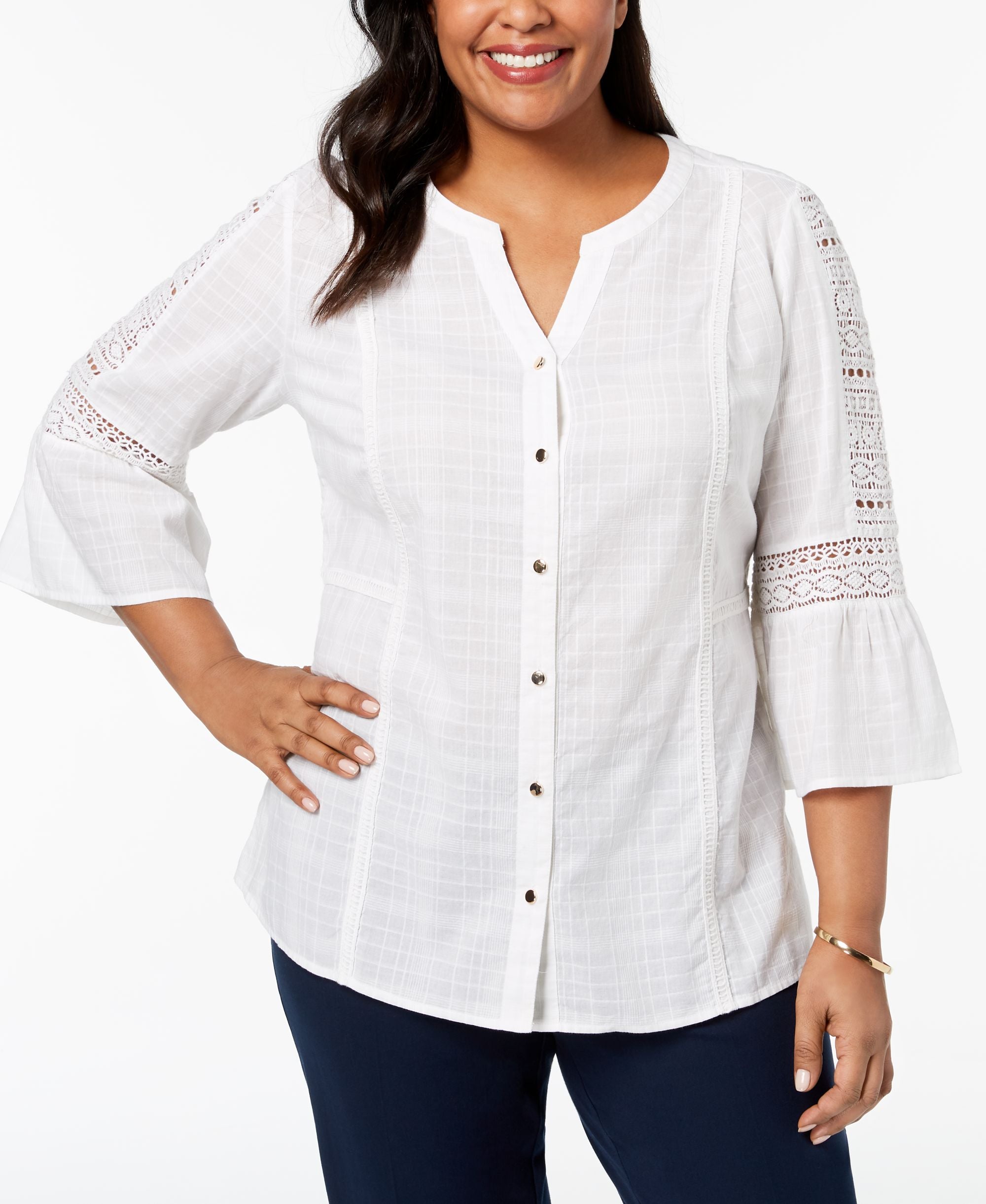 JM Collection Plus Size Cotton Crochet Sleeve Shirt