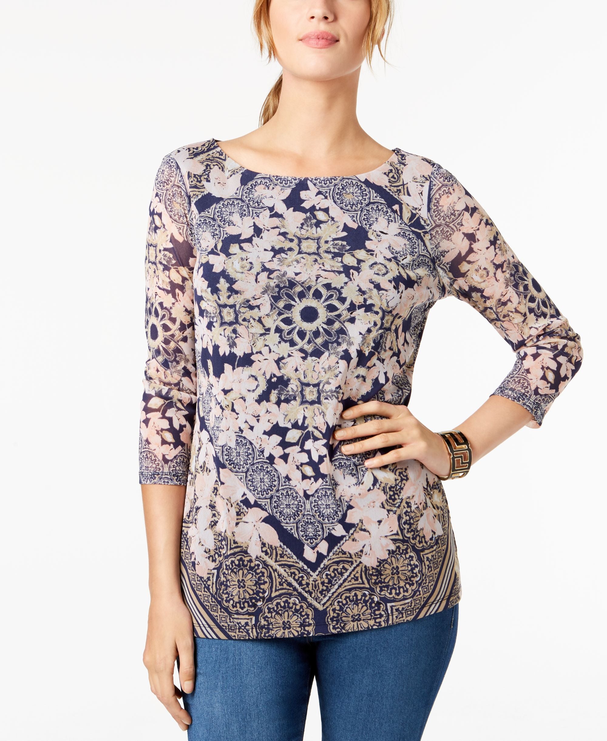Charter Club Petite Printed Boat Neck Top