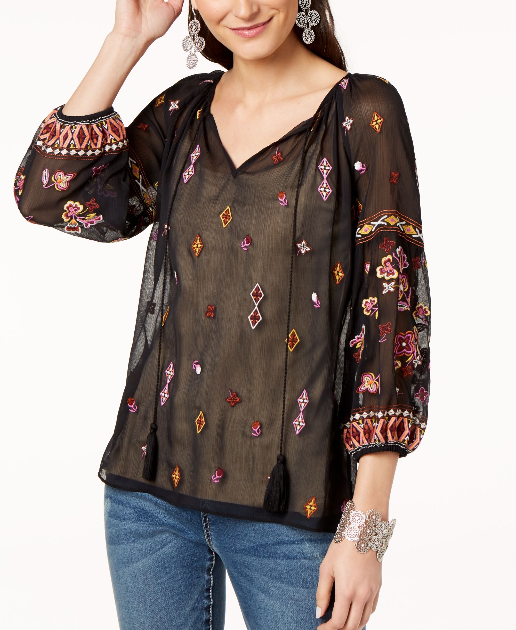 Petite Split Neck Mesh Peasant Top