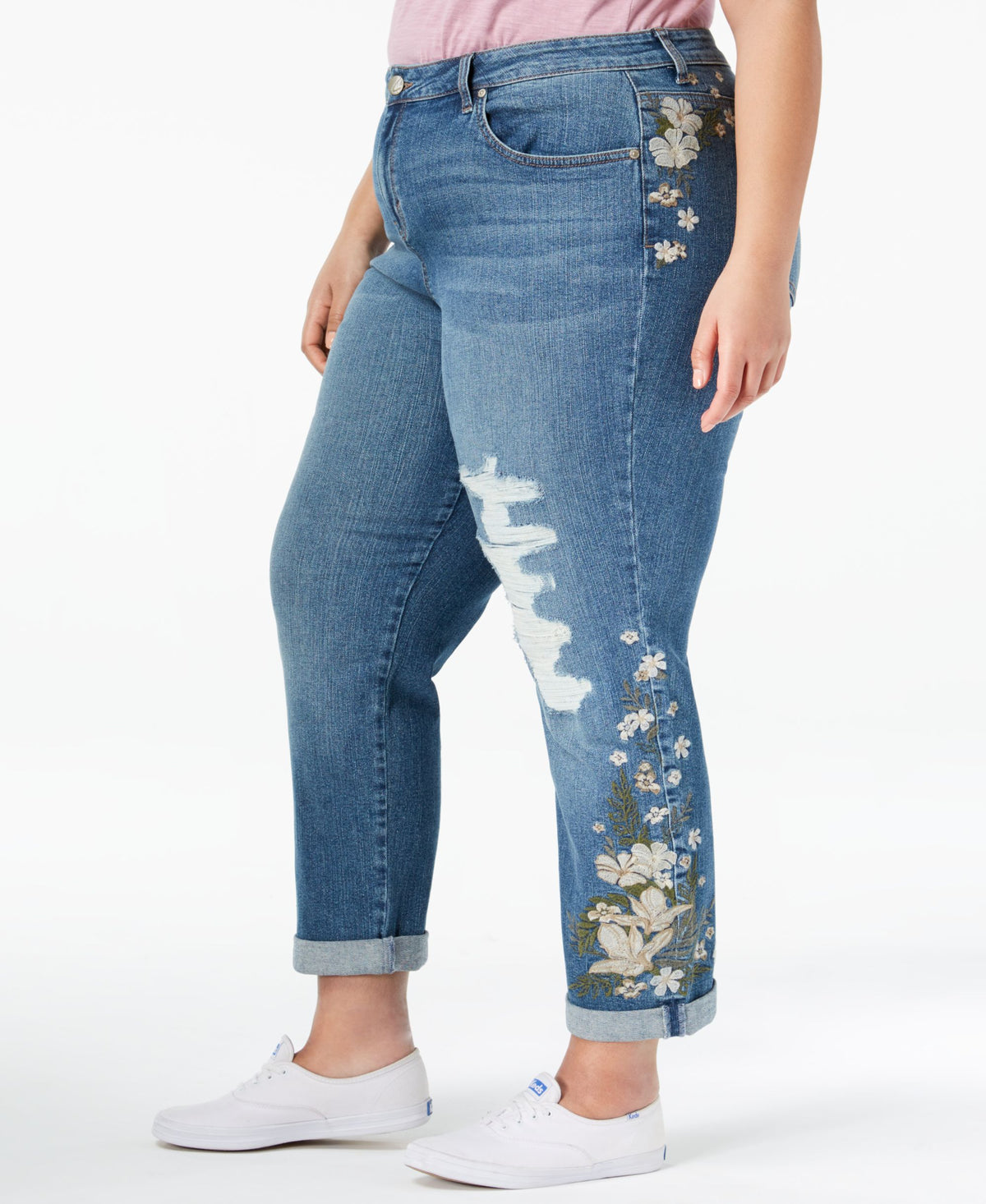 Plus Size Embroidered Distressed Boyfriend Ankle Jeans