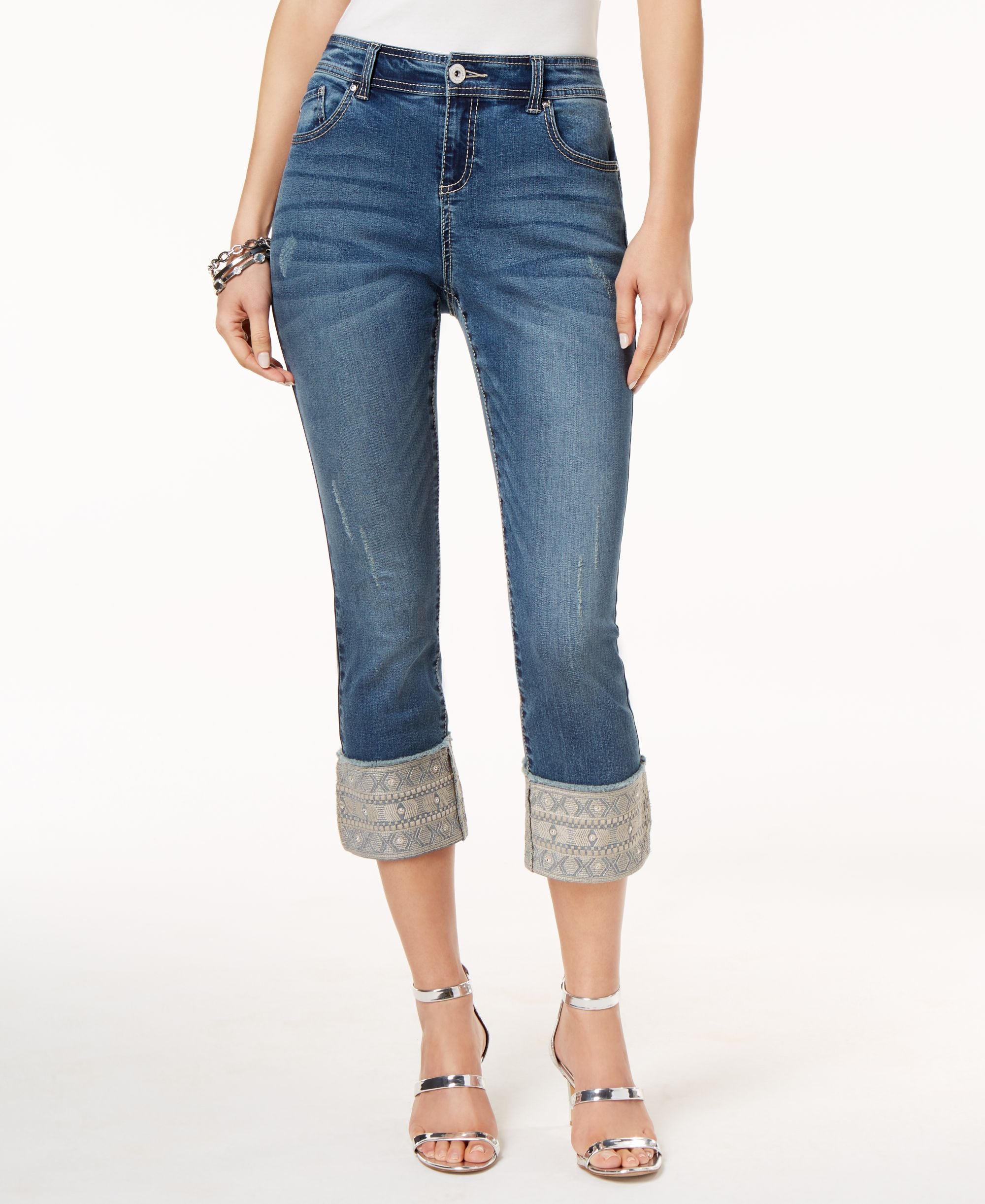 Petite Embroidered Cuff Cropped Skinny Jeans