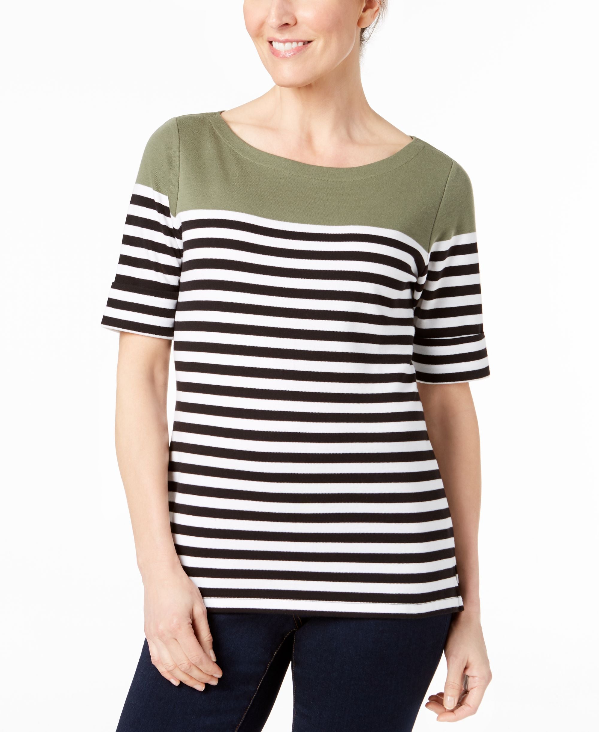 Karen Scott Cotton Stripe Elbow Sleeve Top