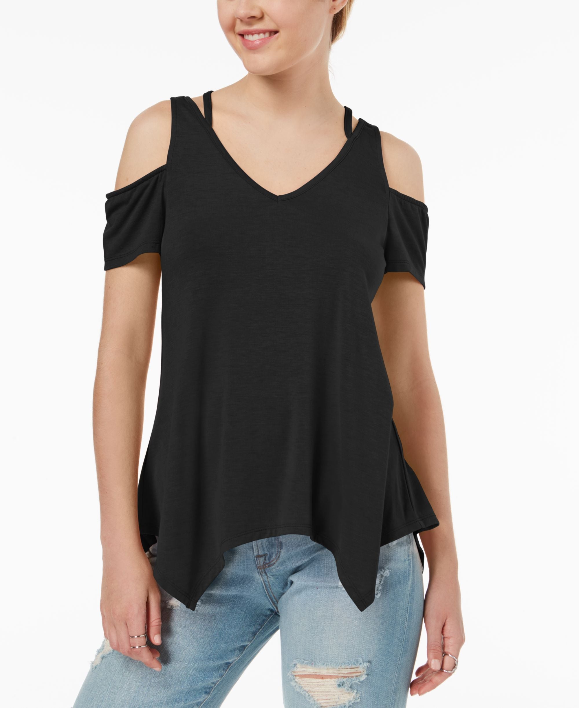 Juniors' Strappy Cold-Shoulder Top