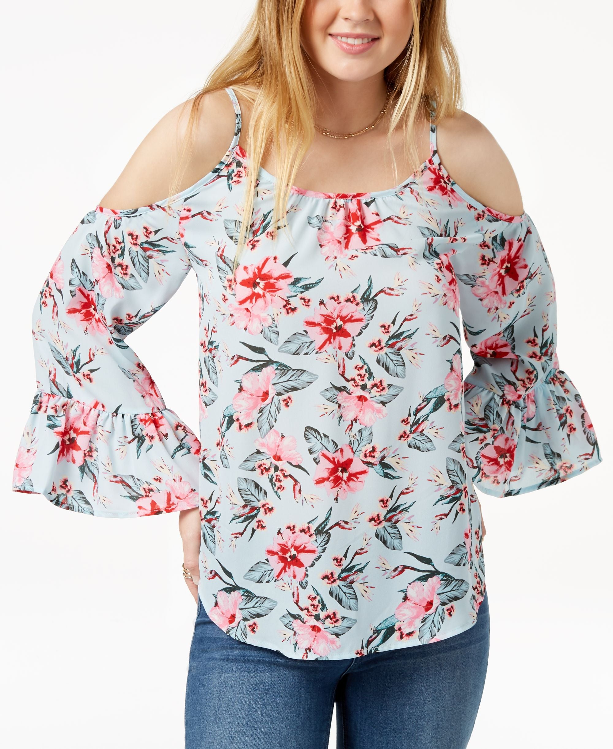 Juniors' Printed Bell-Sleeved Cold-Shoulder Blouse