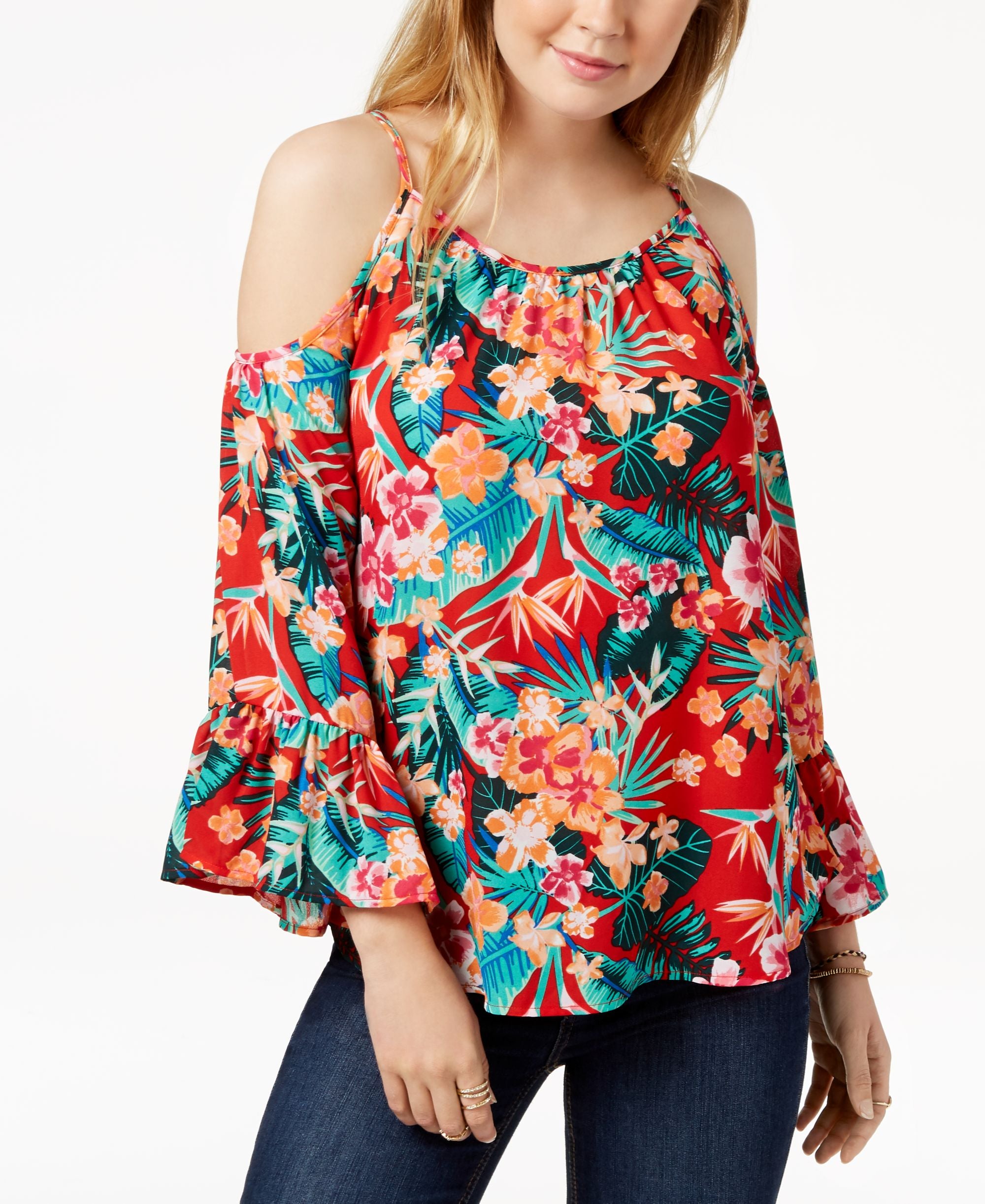 Juniors' Printed Bell-Sleeved Cold-Shoulder Blouse