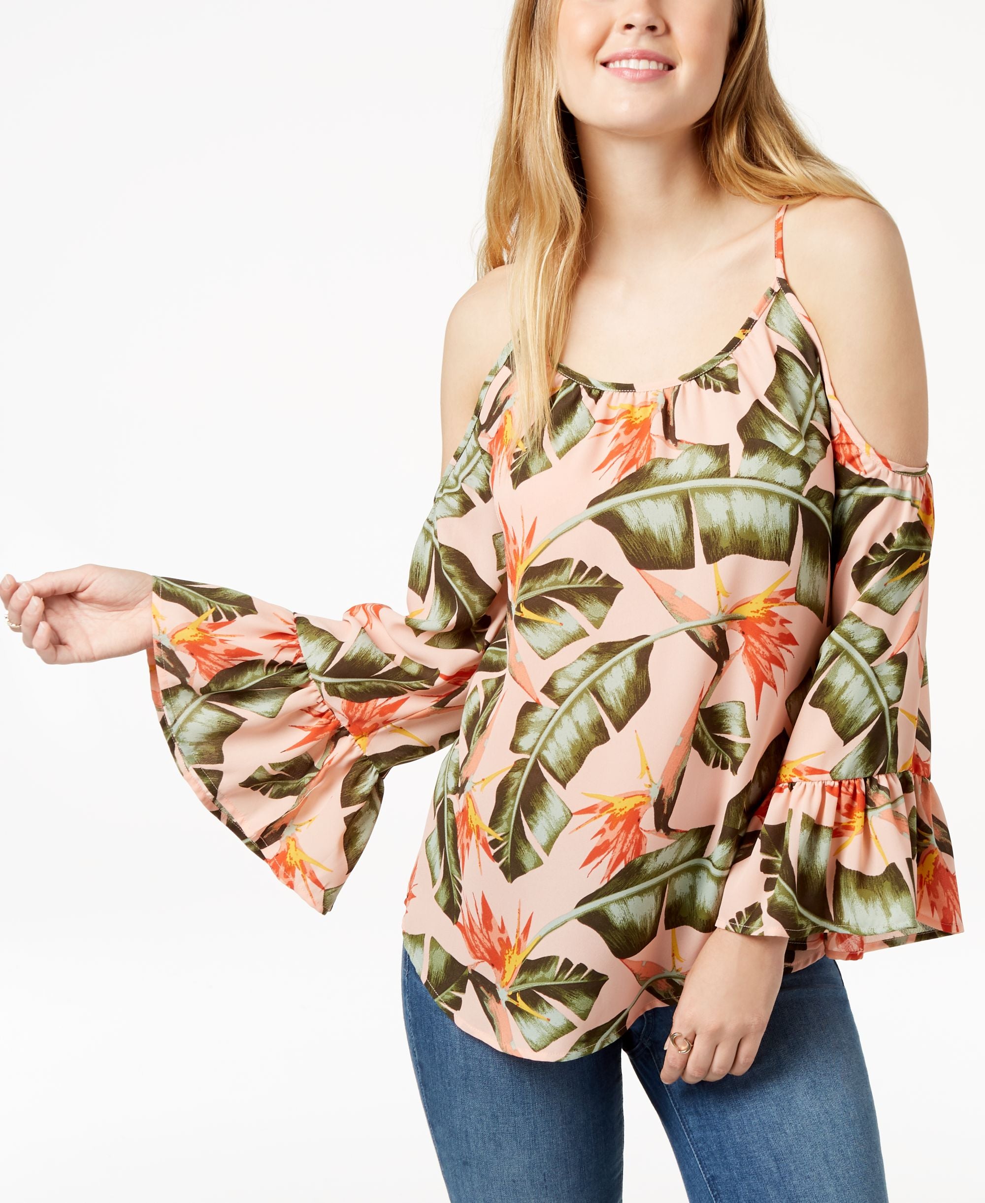 Juniors' Printed Bell-Sleeved Cold-Shoulder Blouse
