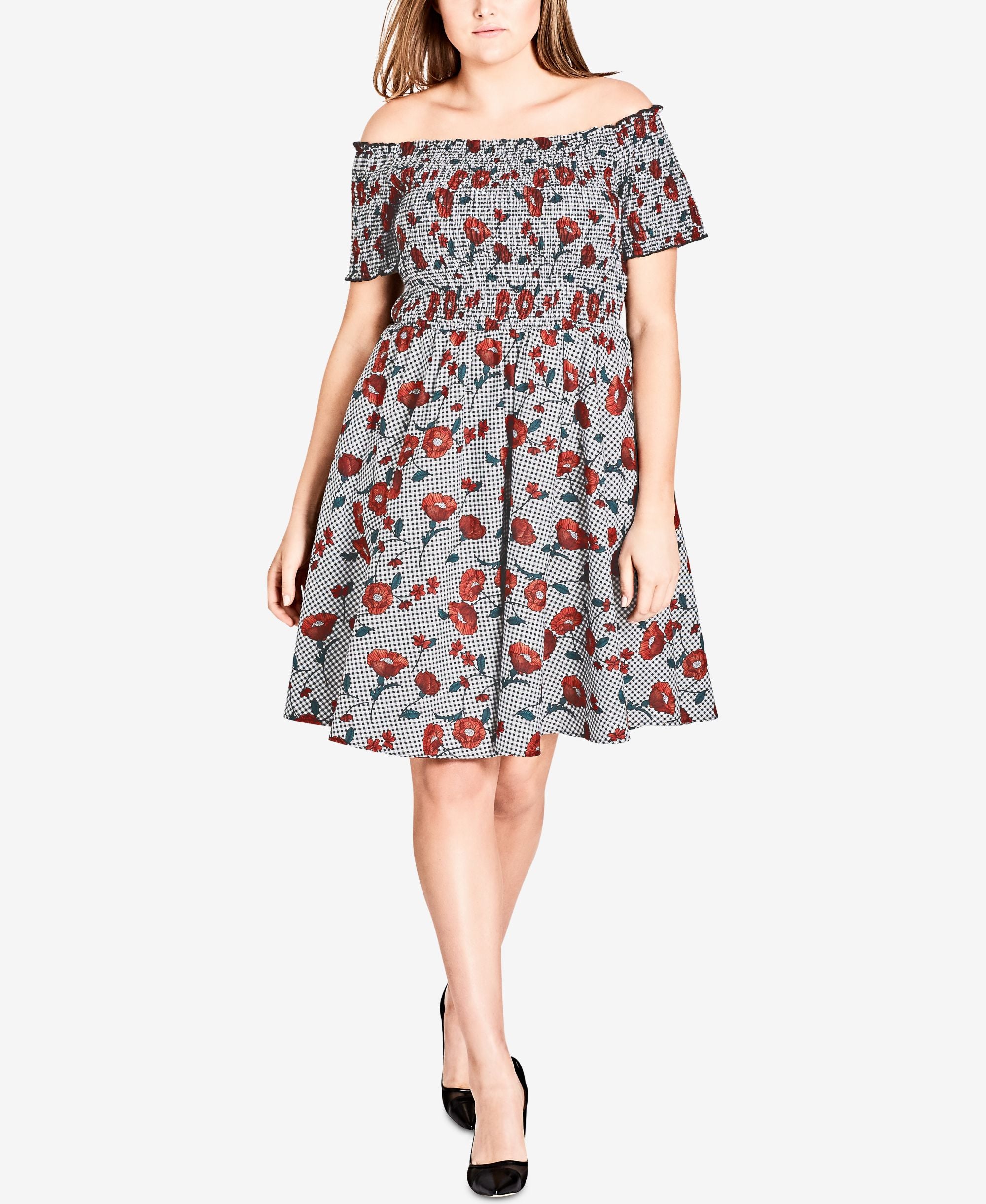 City Chic Trendy Plus Size Cotton Smocked Off The Shoulder Dress