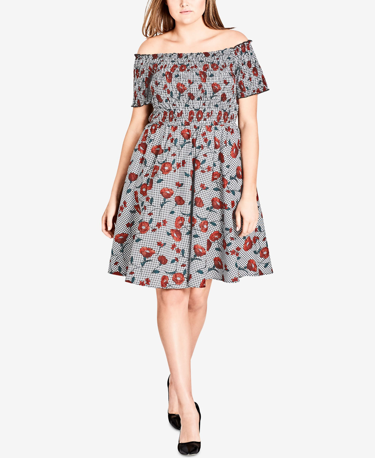 City Chic Trendy Plus Size Cotton Smocked Off The Shoulder Dress