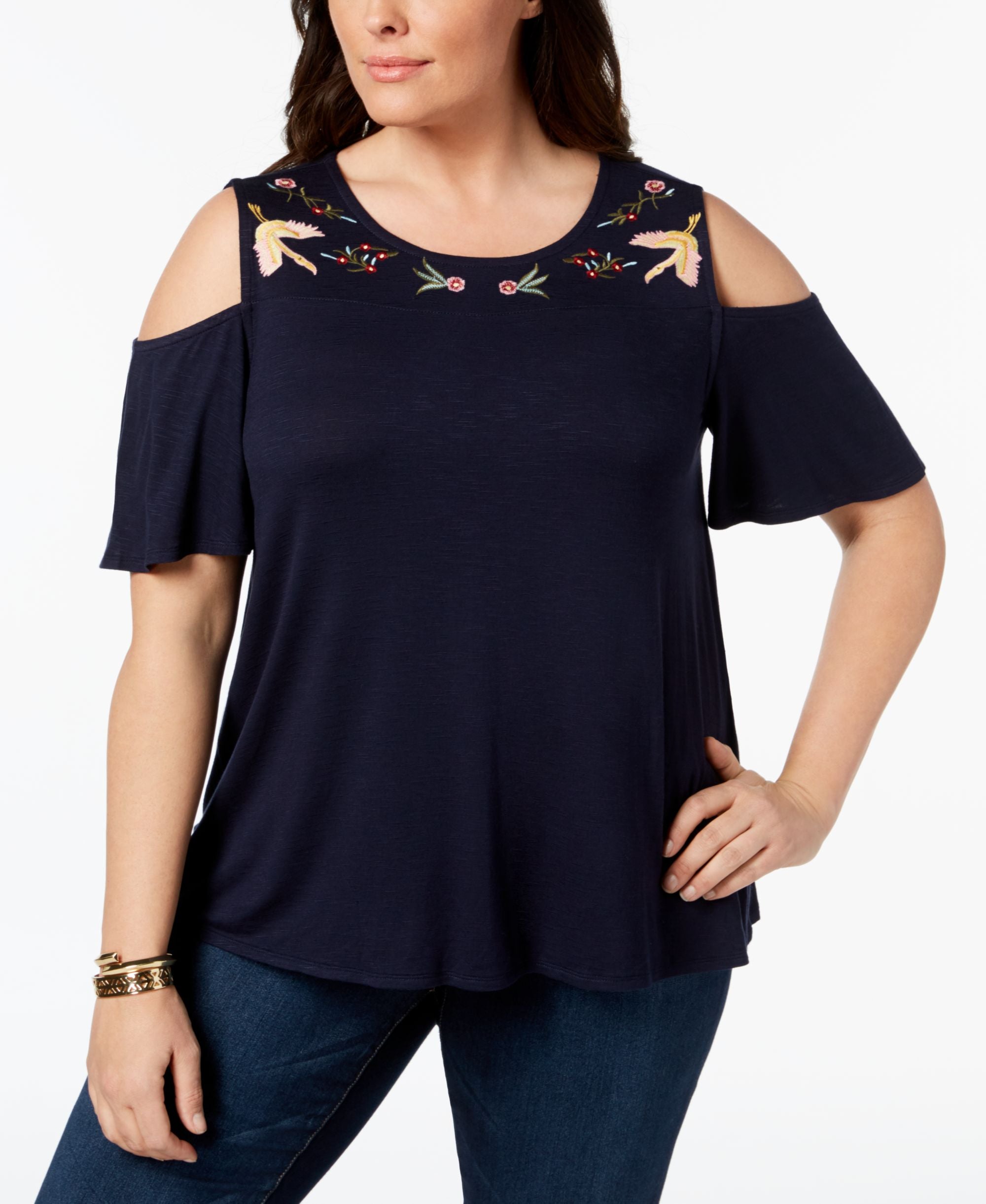 Style & Co Plus Size Embroidered Cold Shoulder Top