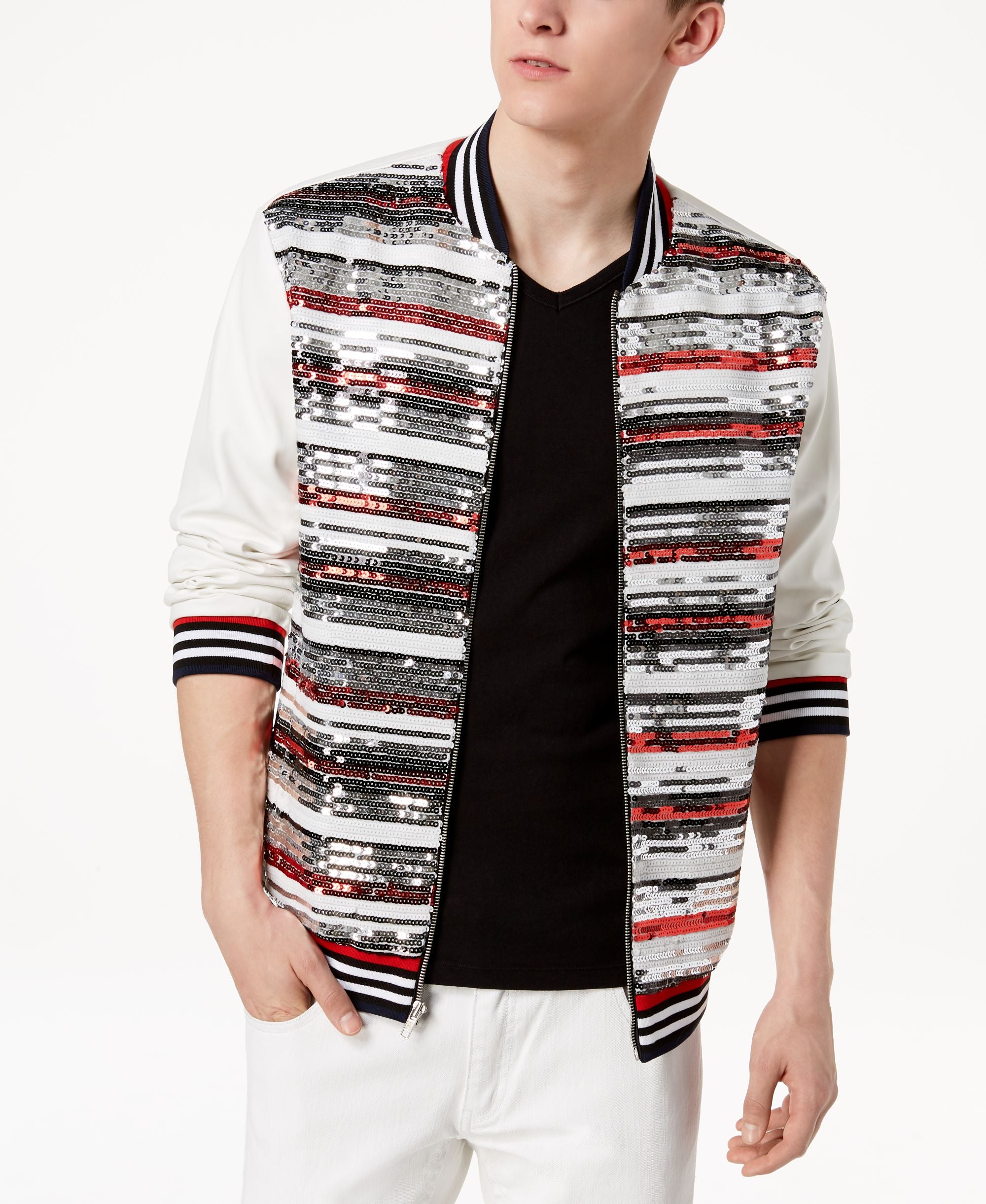 Mens Track Star Sequin Stripe Faux Leather Bomber Jacket