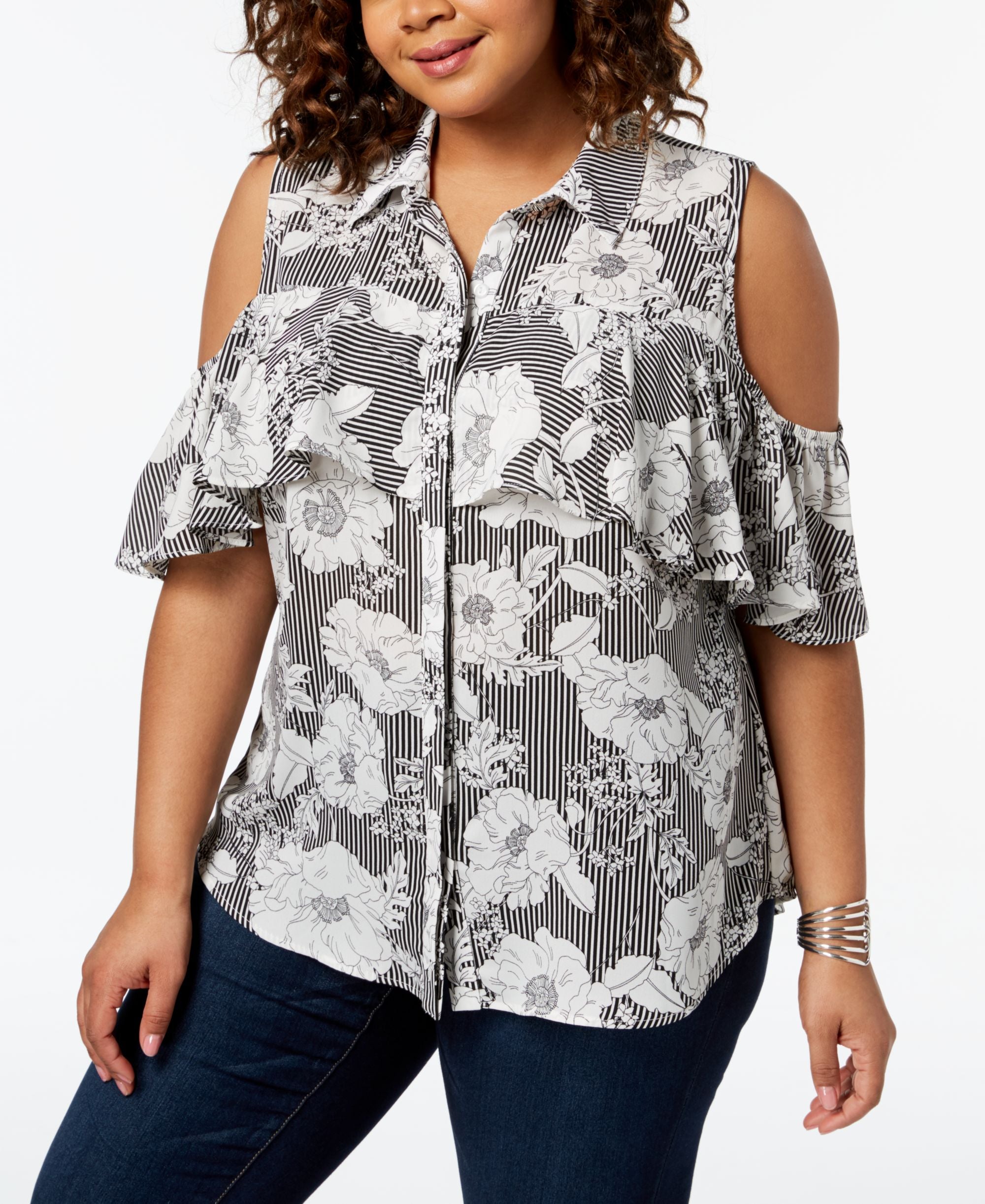 NY Collection Plus Size Cold Shoulder Ruffle Shirt