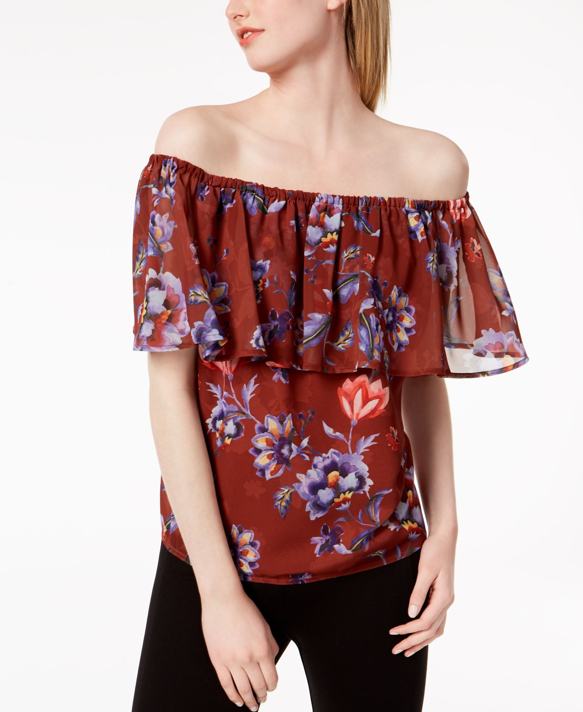 Bar III Printed Off The Shoulder Flounce Top