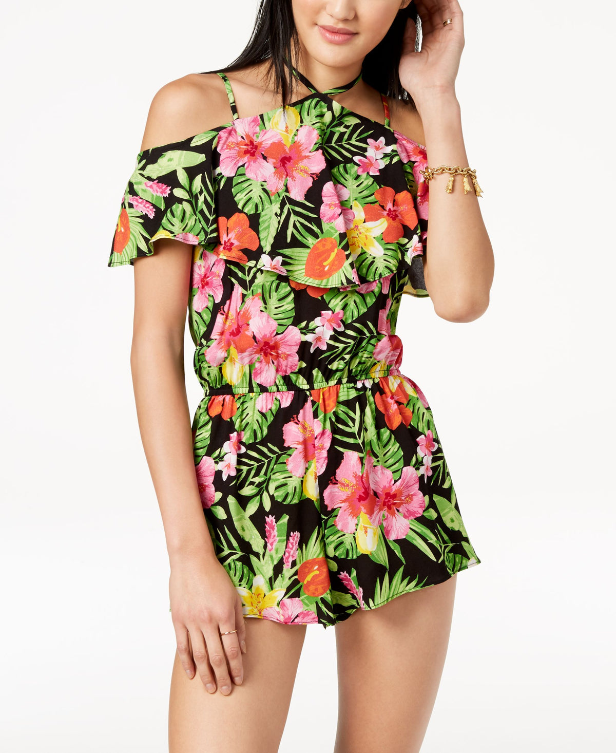 The Edit By Seventeen Juniors Printed Cold Shoulder Romper