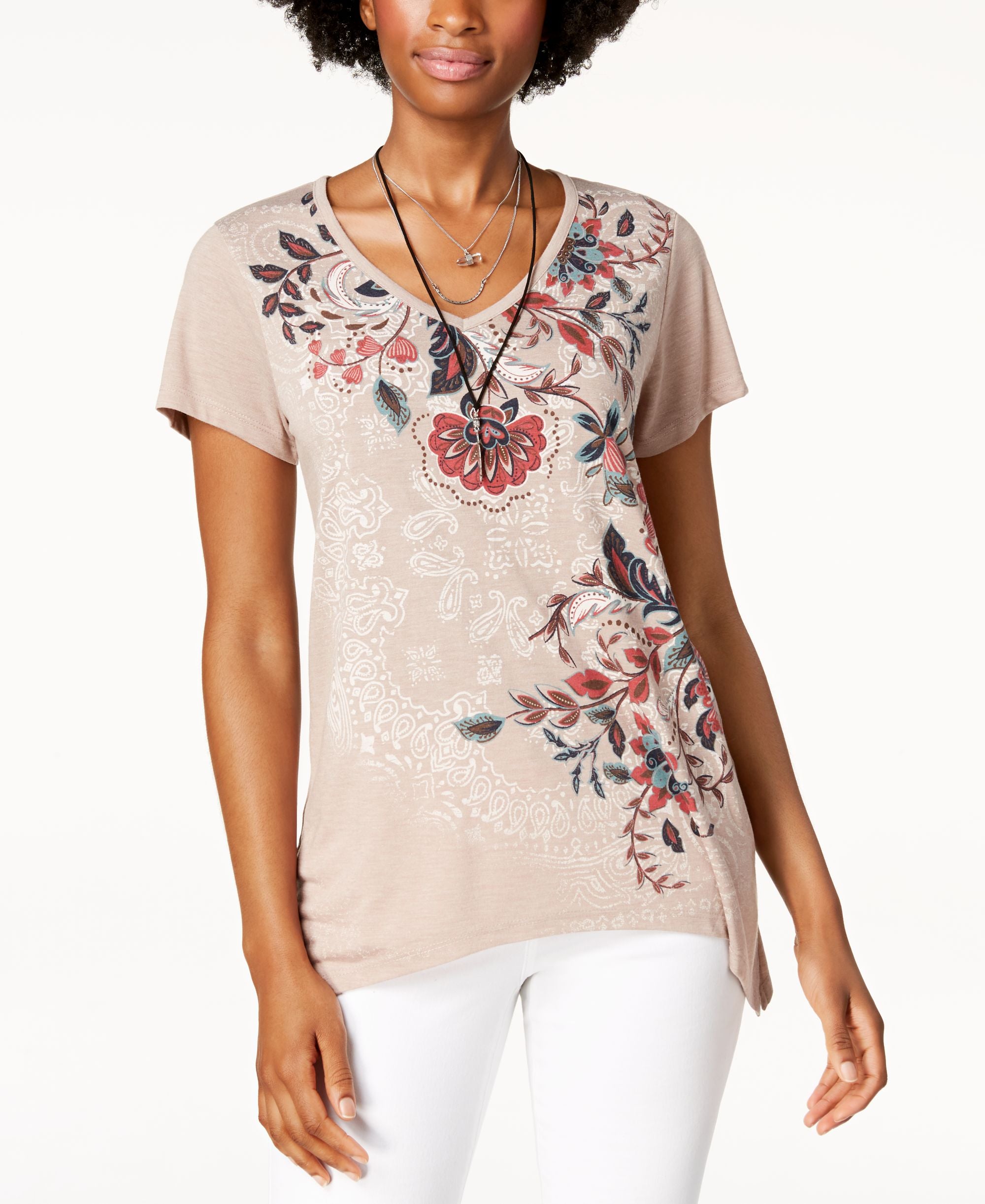 Style & Co Printed V Neck T-Shirt