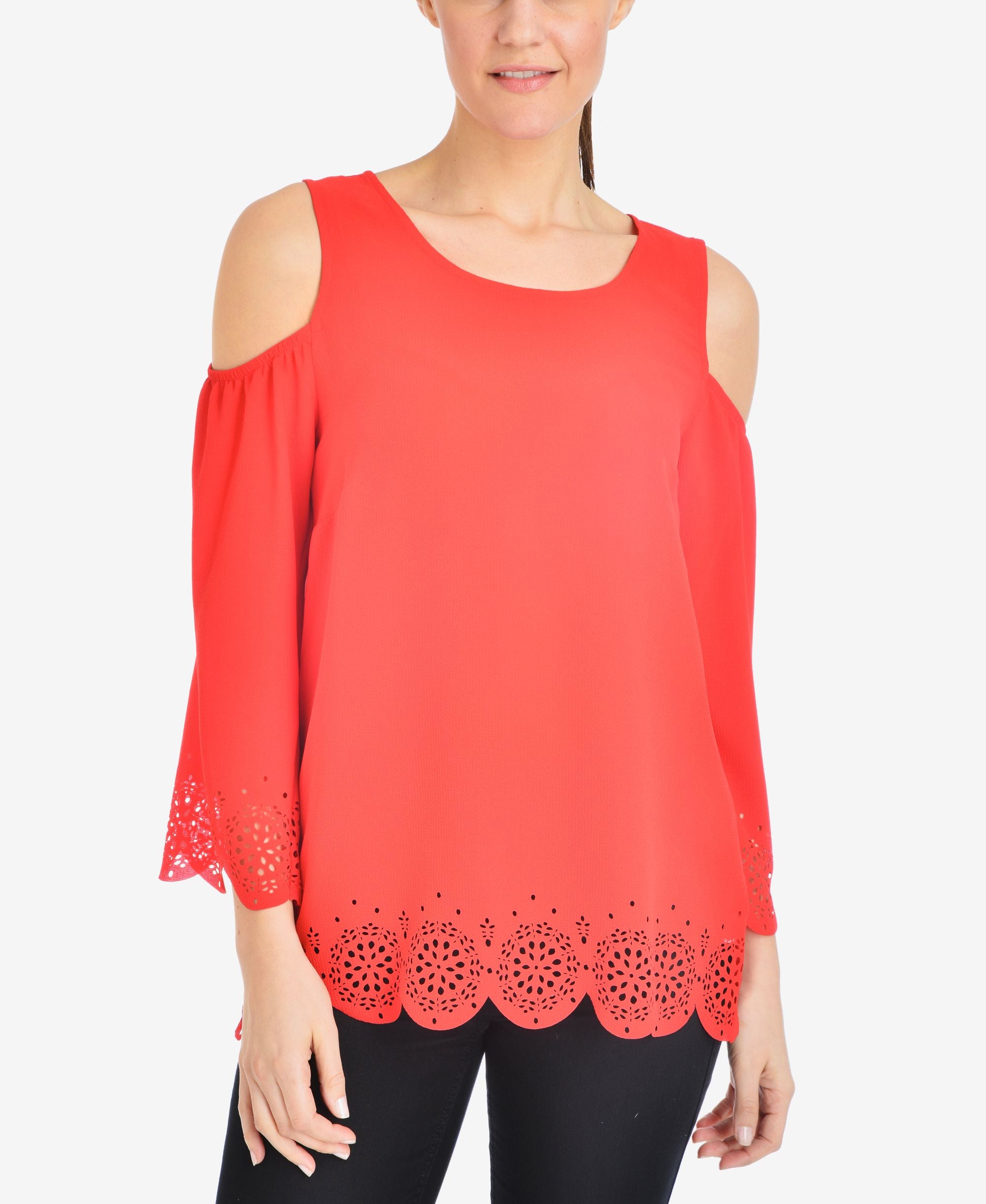 NY Collection Cold Shoulder Scalloped Edge Top