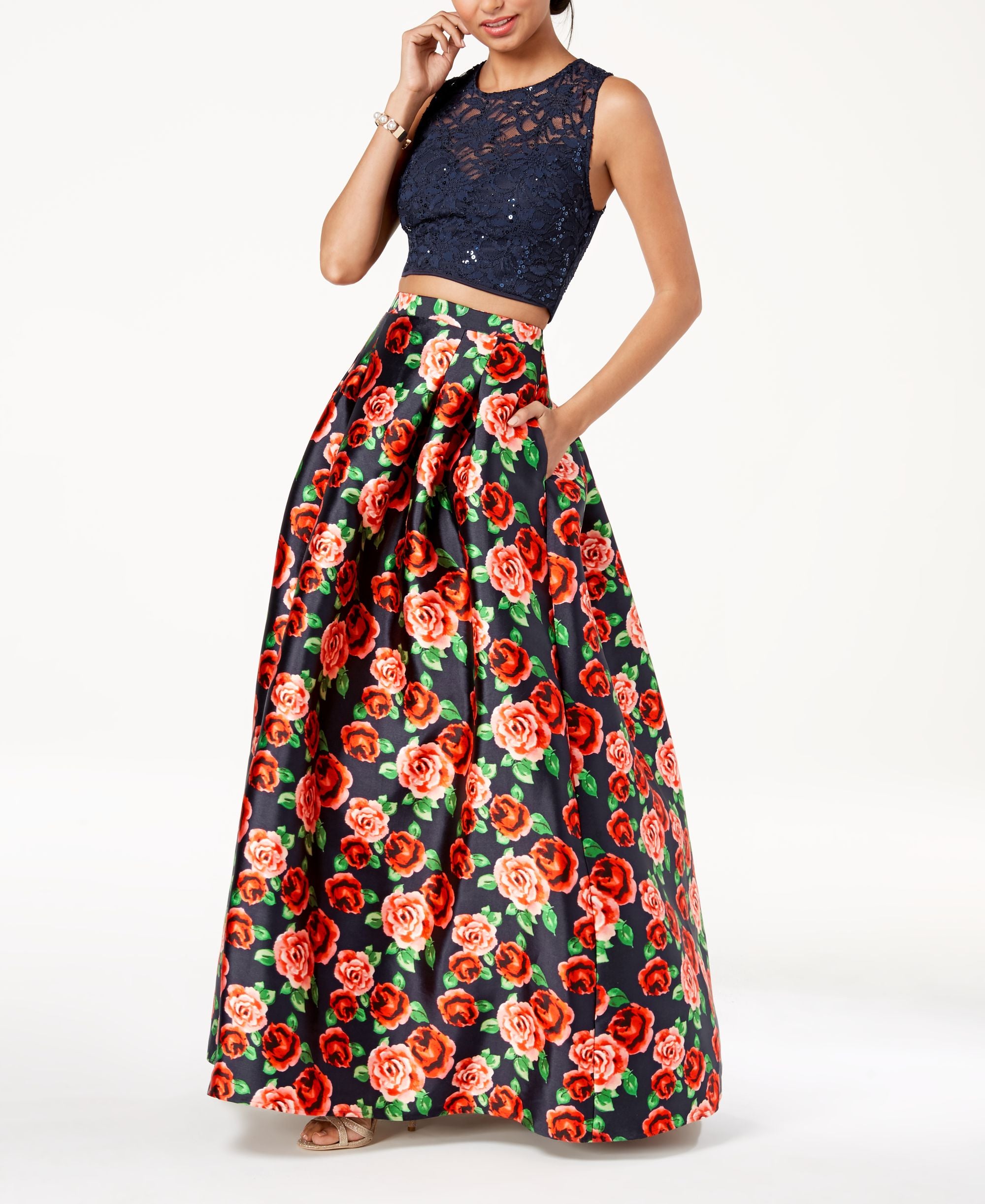 B Darlin Juniors Lace Top Printed Skirt 2 Pc. Gown
