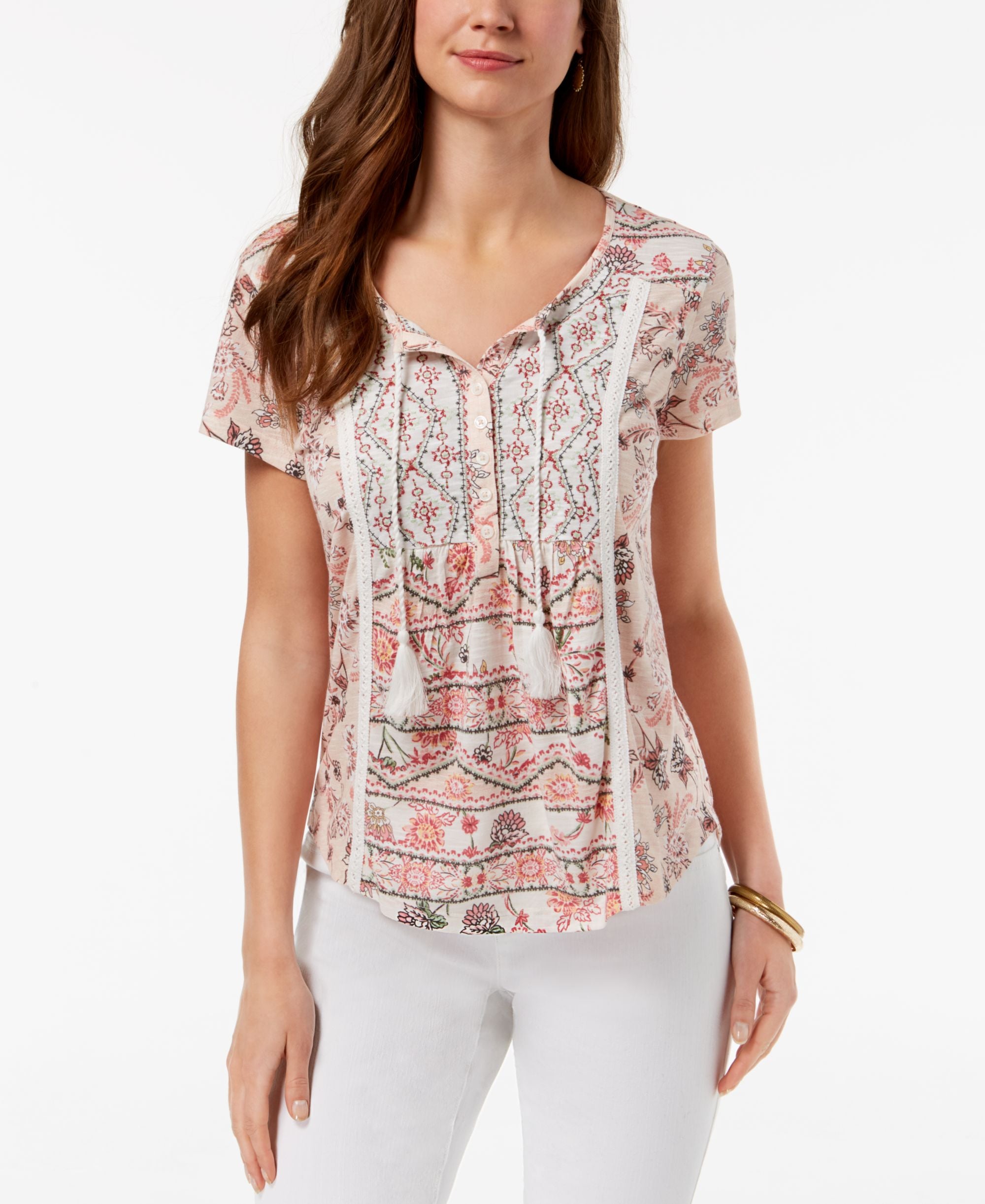 Style & Co Petite Printed Tasseled Top