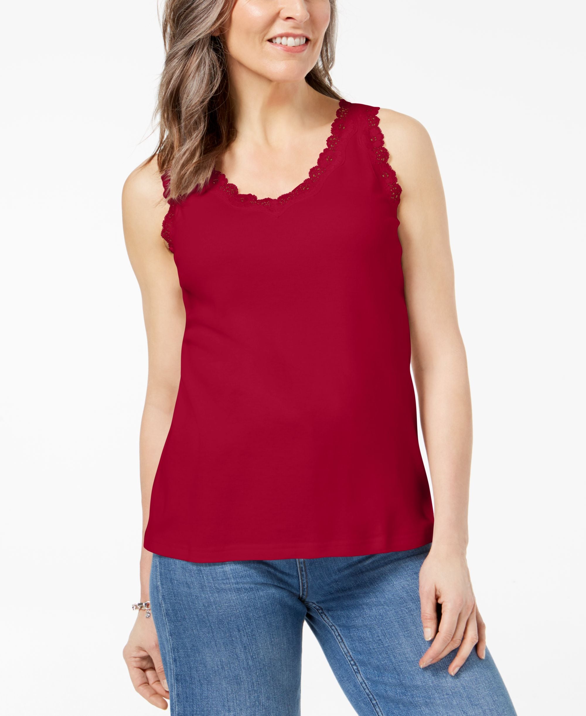 Karen Scott Petite Cotton Scalloped Lace Tank Top