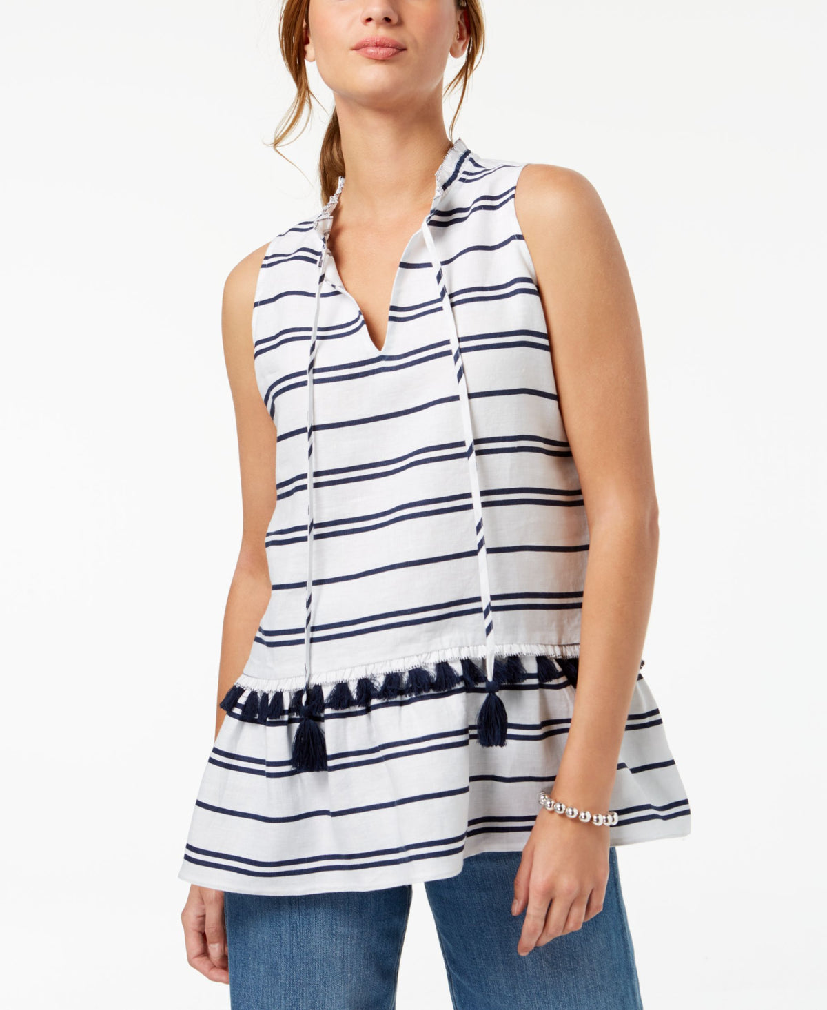 Charter Club Linen Striped Peplum Top