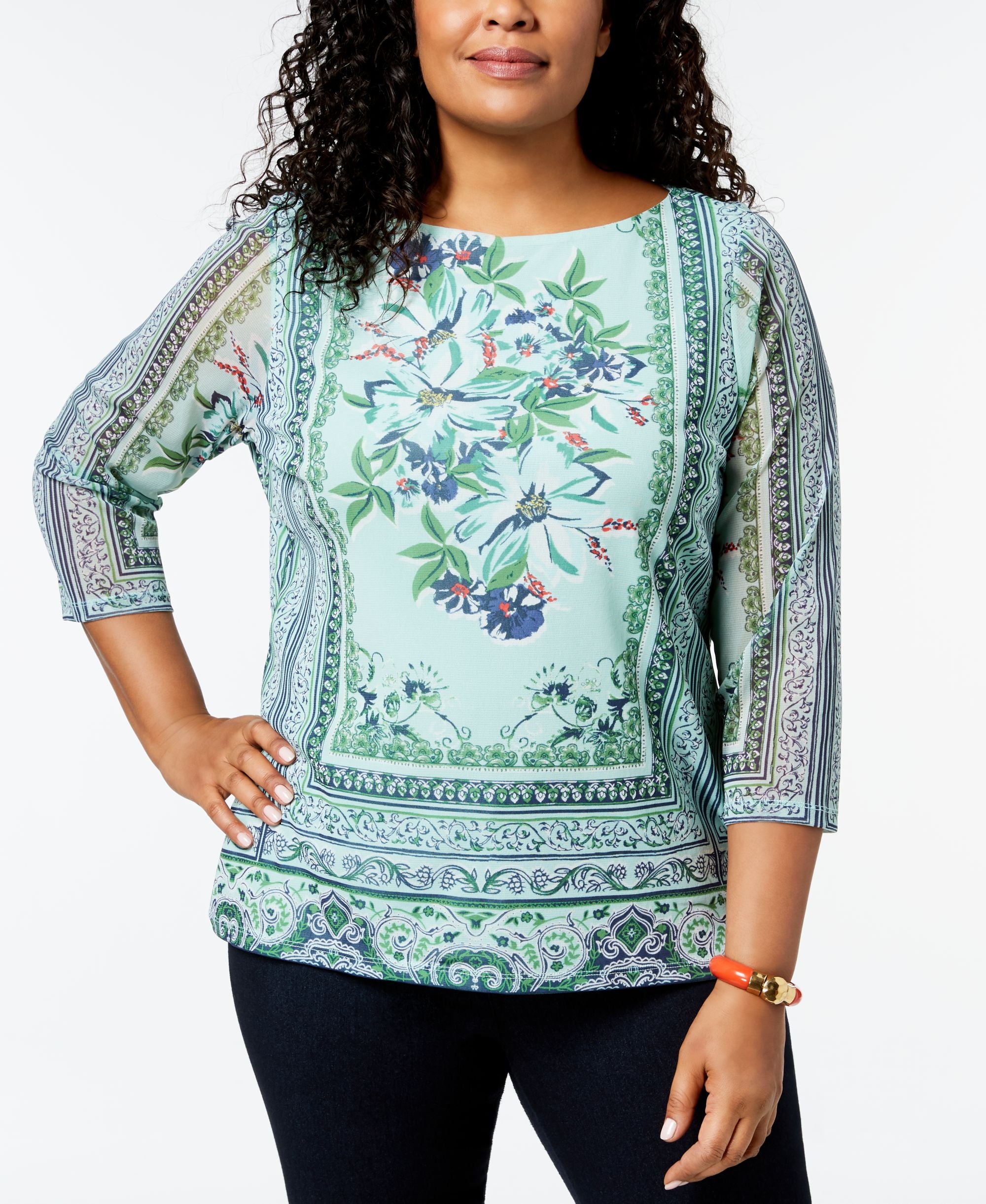 Plus Size Printed Mesh Top