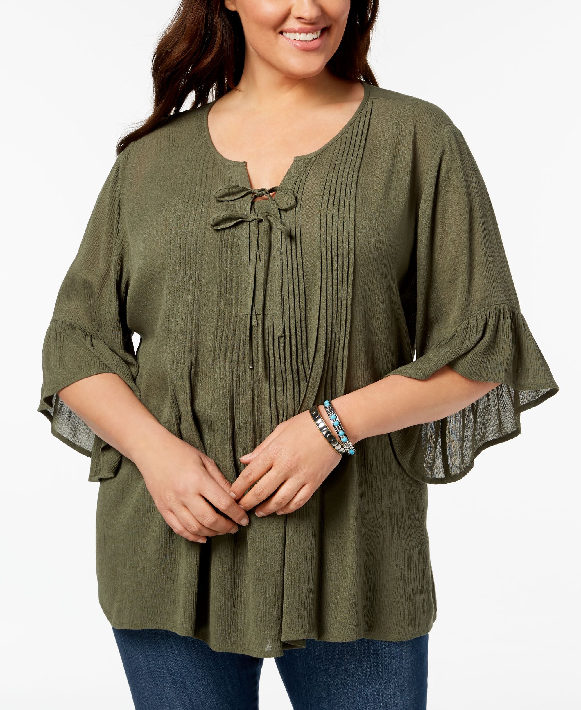 Style & Co Plus Size Pintucked Ruffled Peasant Top