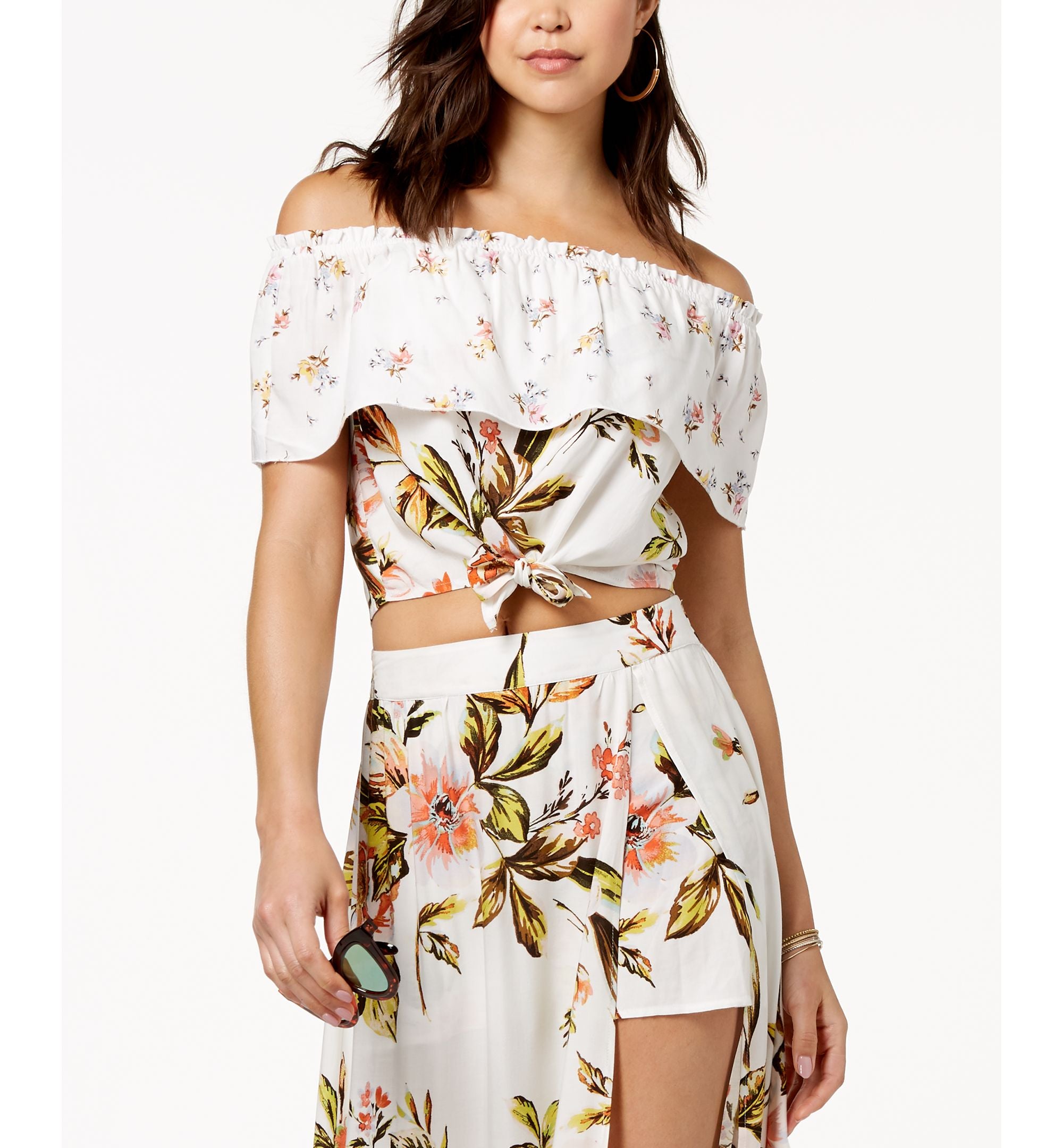 Love Fire Juniors Off The Shoulder Flounce Crop Top