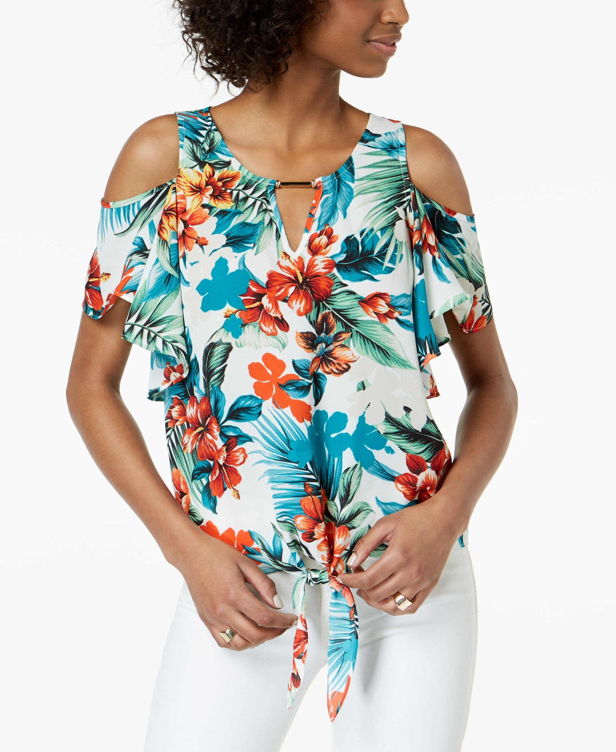 Bcx Juniors Printed Cutout Hardware Detail Top