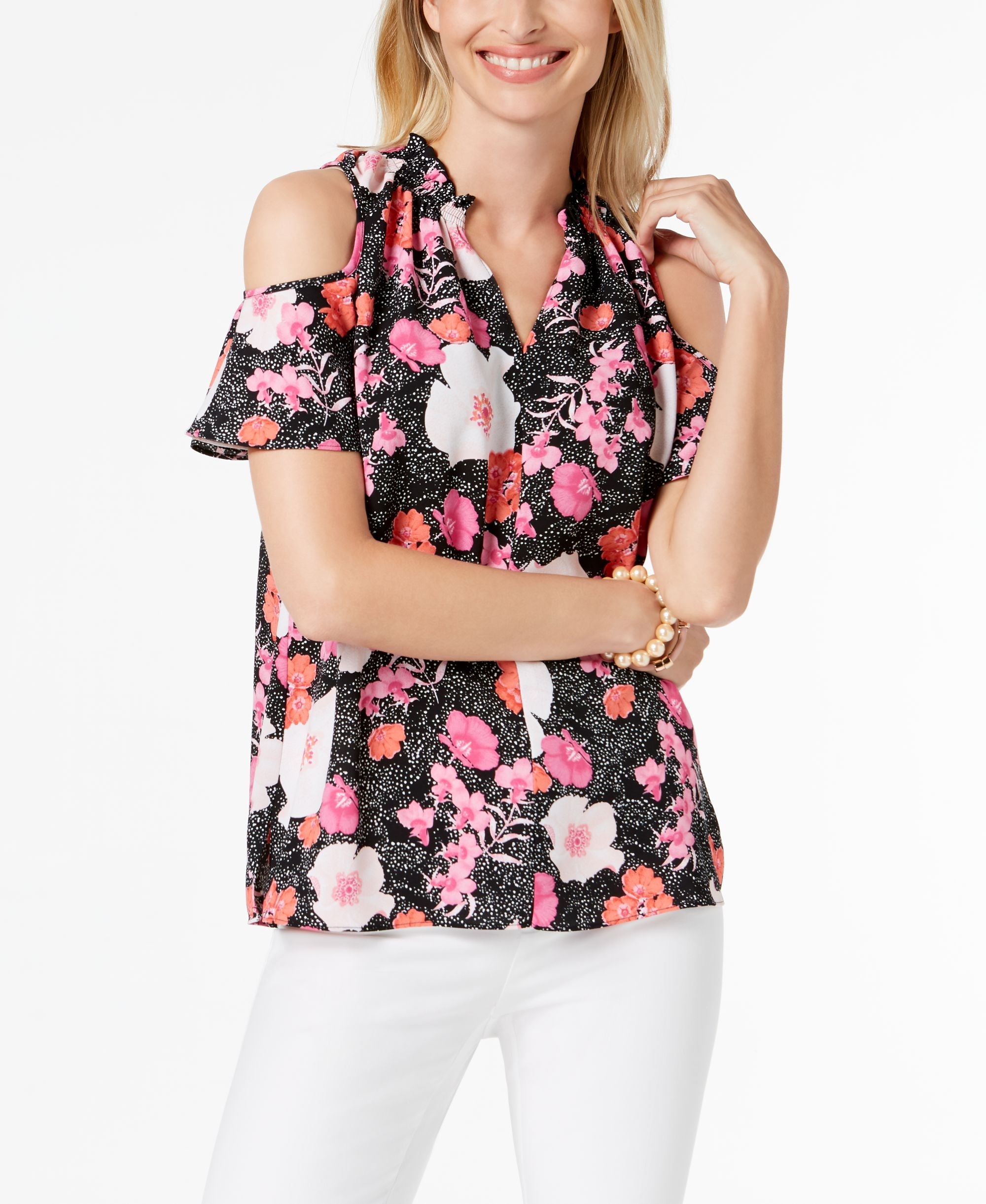 Printed Cold-Shoulder Top