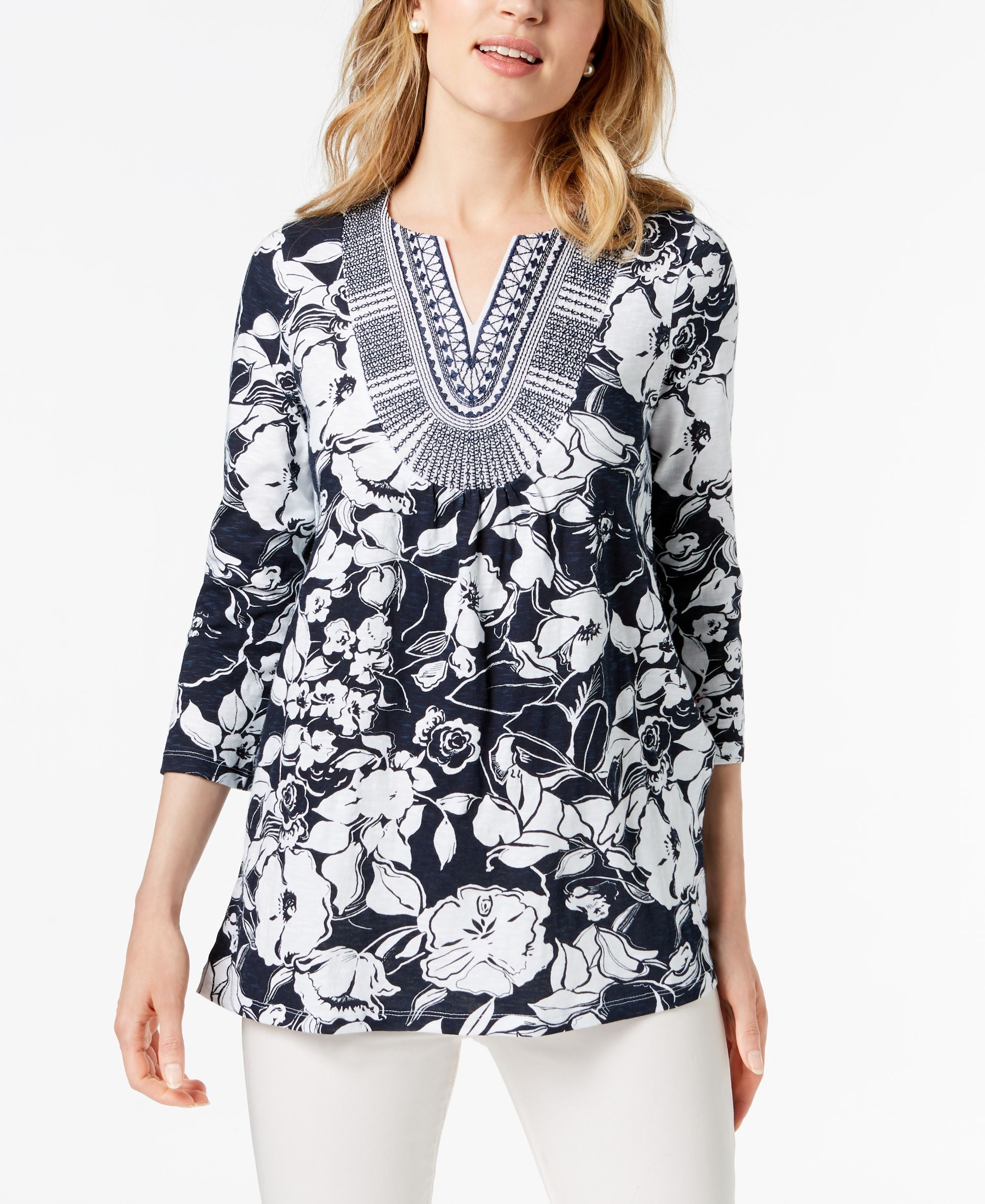 Charter Club Cotton Printed Embroidered Top
