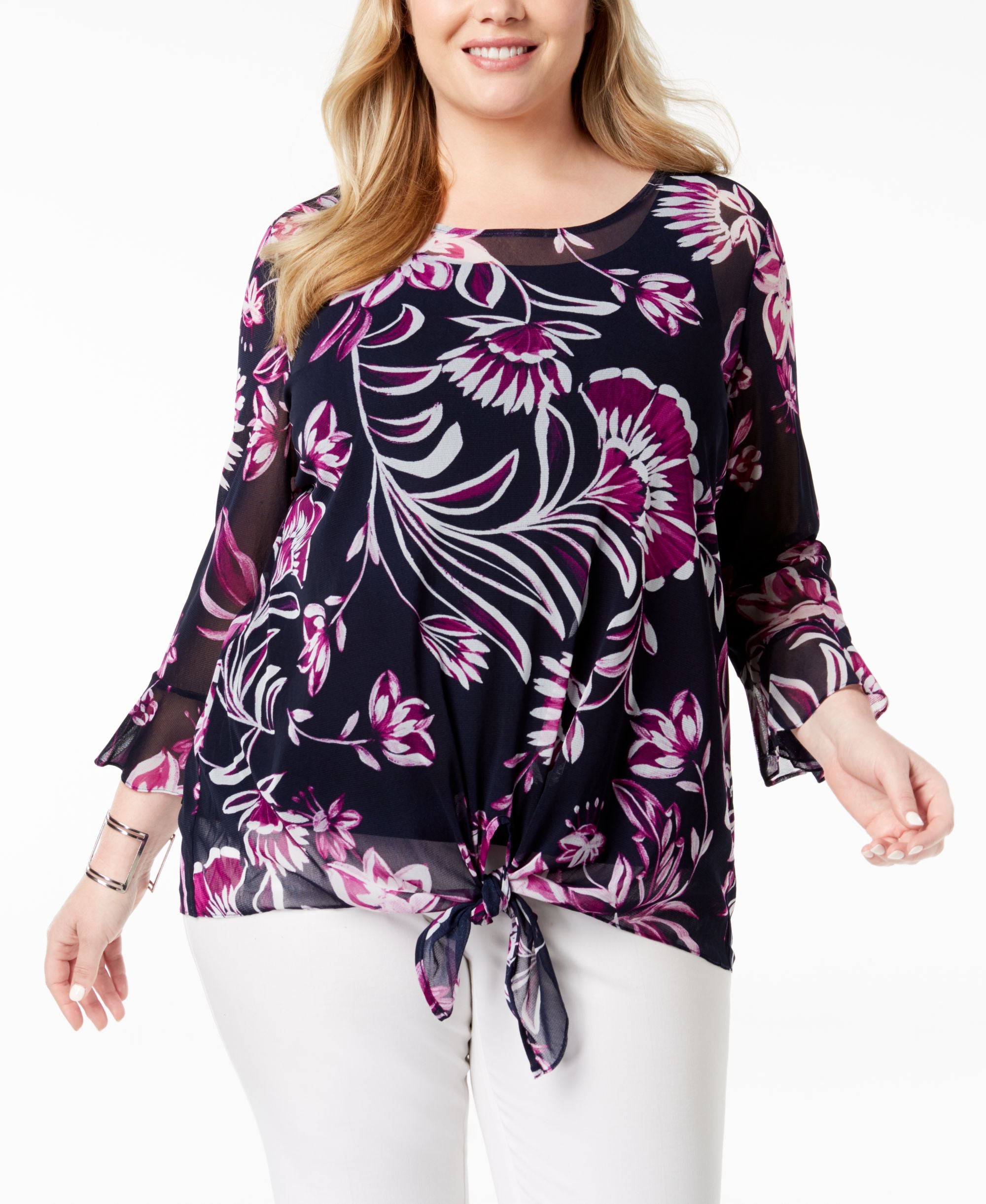 Alfani Plus Size Sheer Tie Hem Tunic