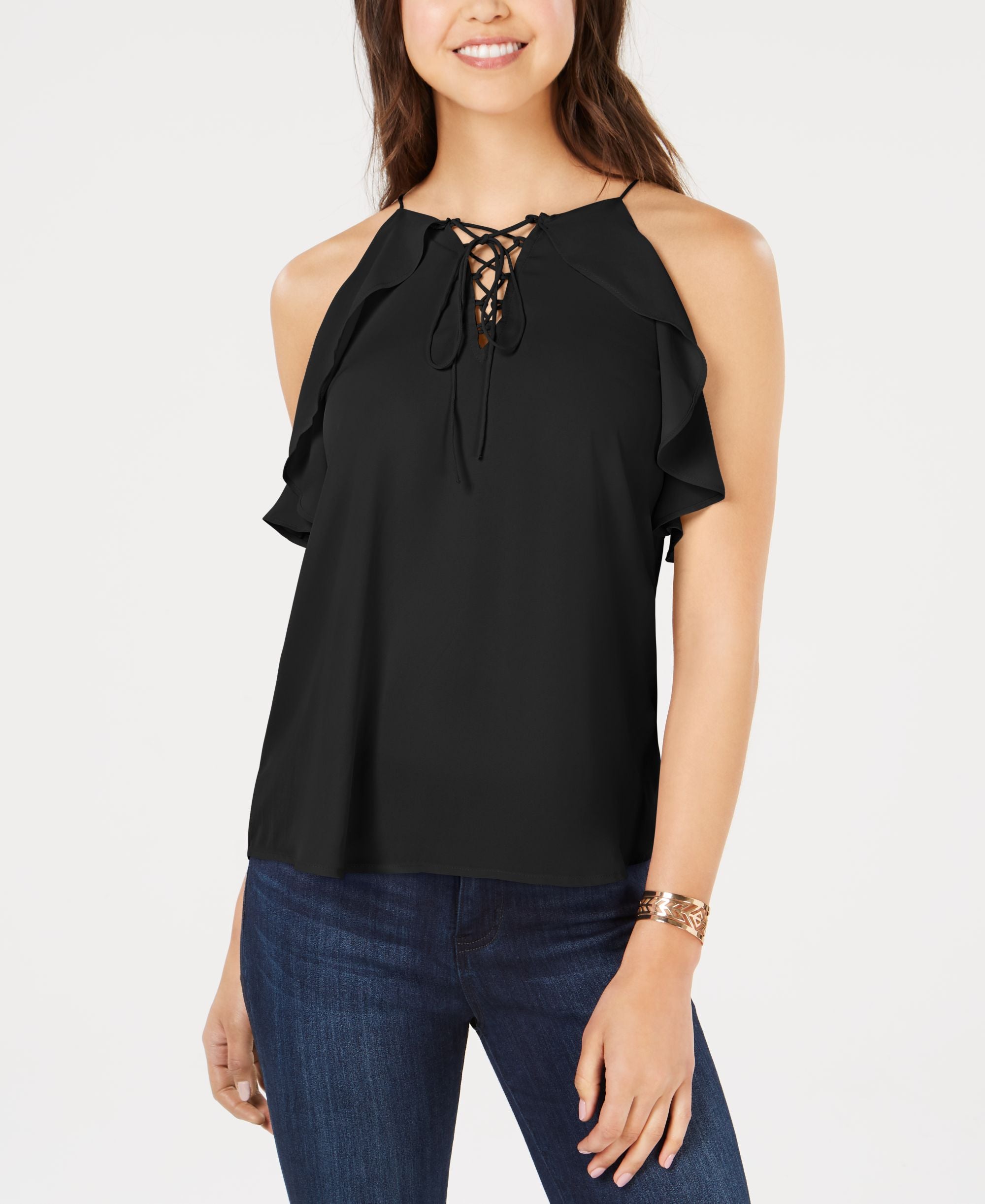 Juniors' Ruffled Lace-Up Top