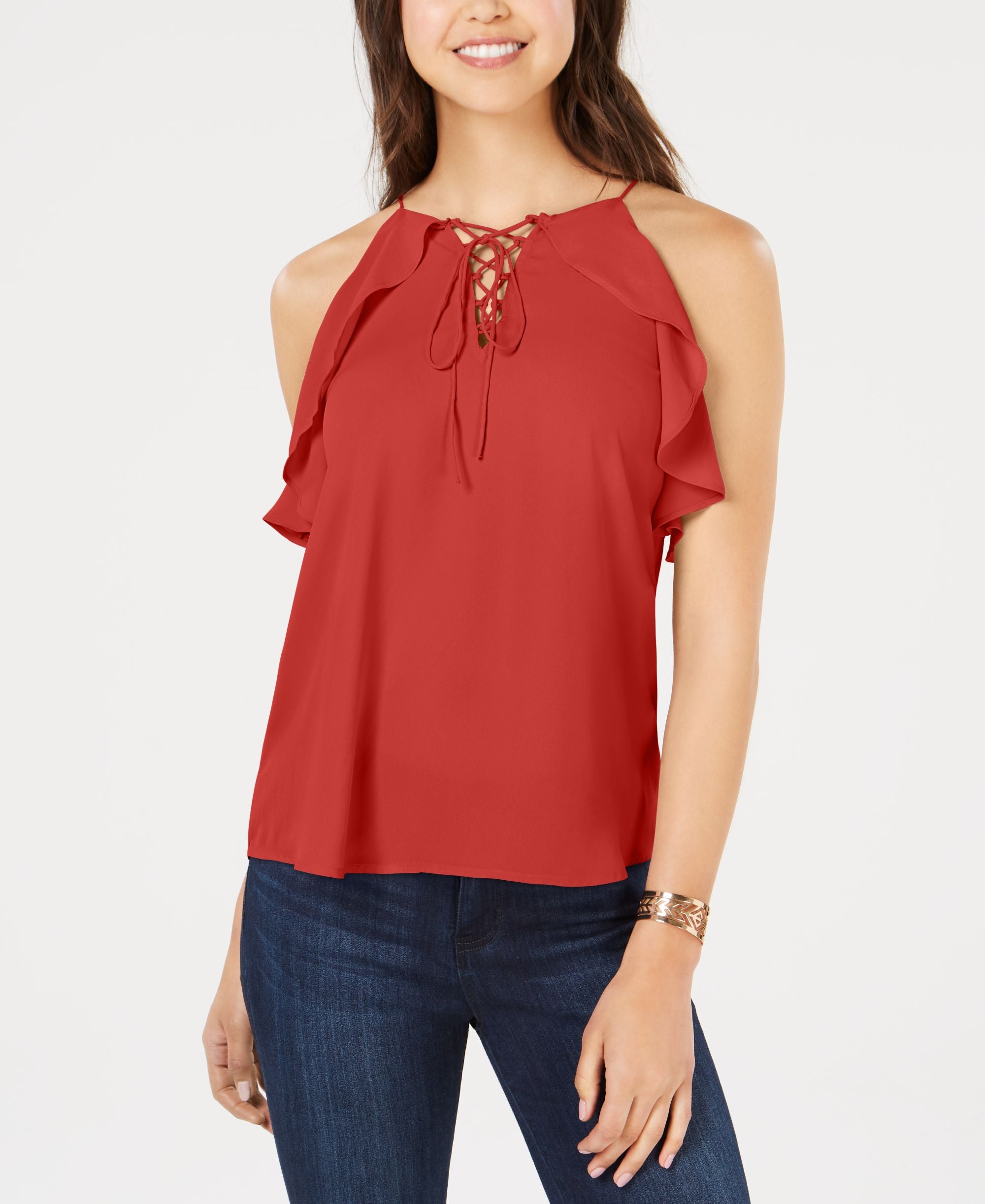 Juniors' Ruffled Lace-Up Top