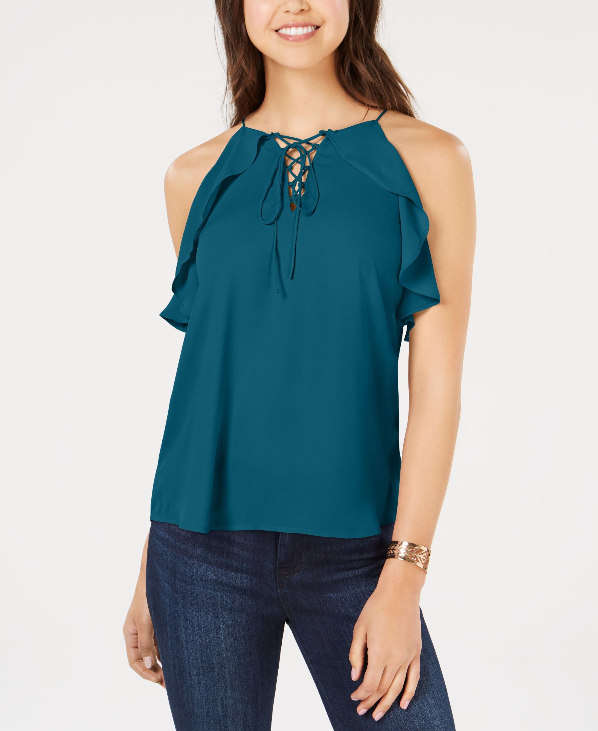 Juniors' Ruffled Lace-Up Top