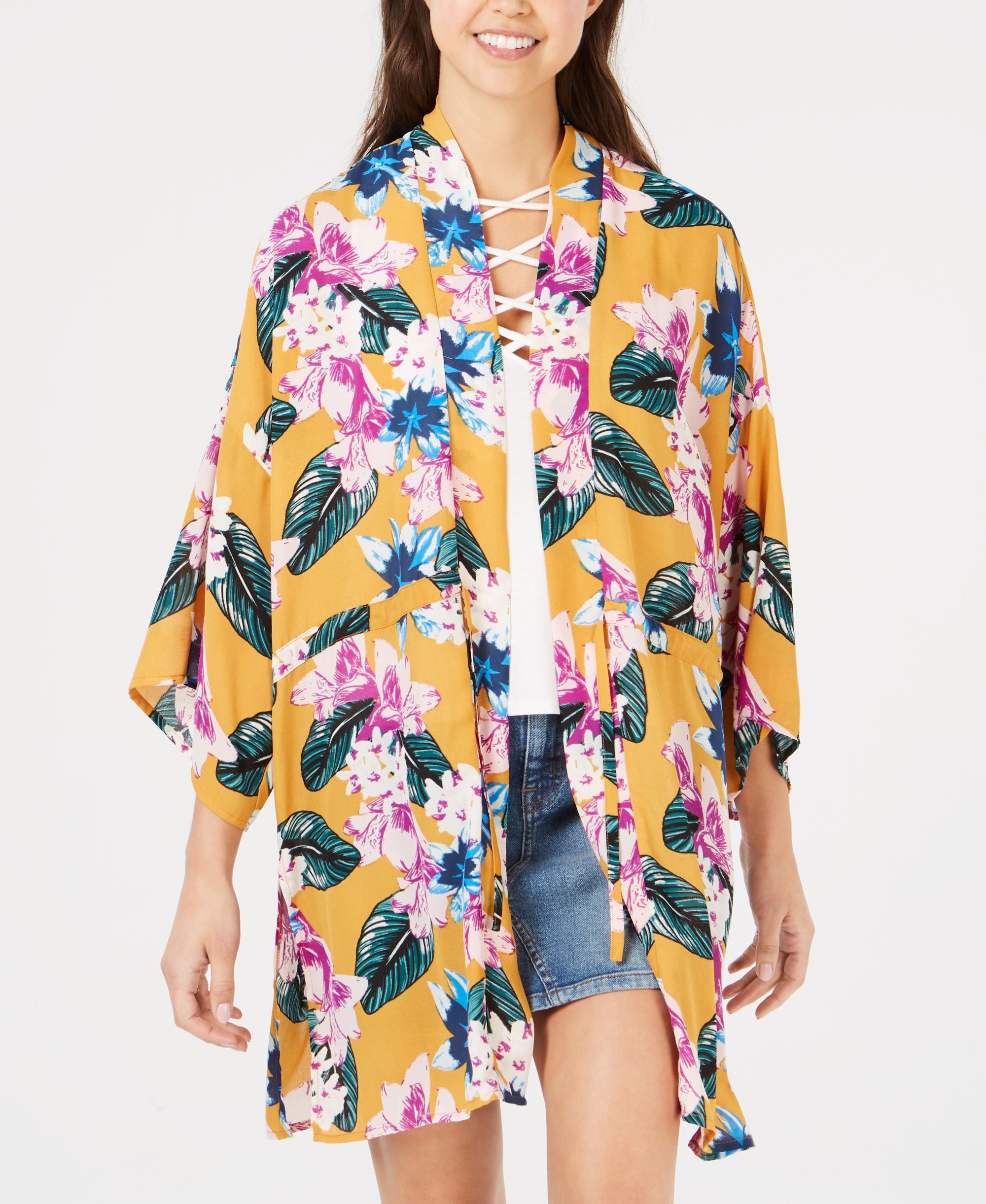 Juniors' Floral-Printed Tie-Front Kimono