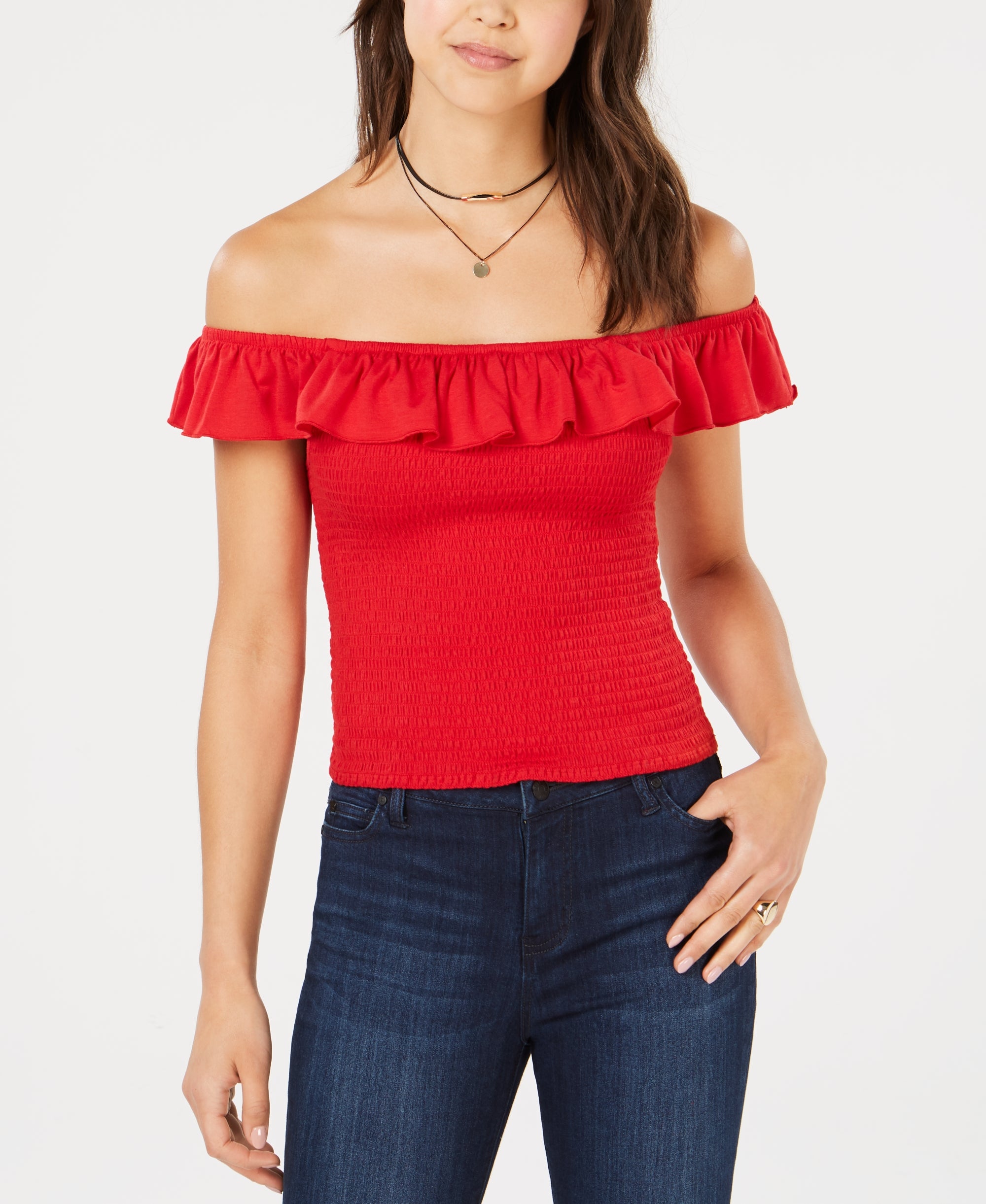 Juniors' Ruffle Smocked Crop Top