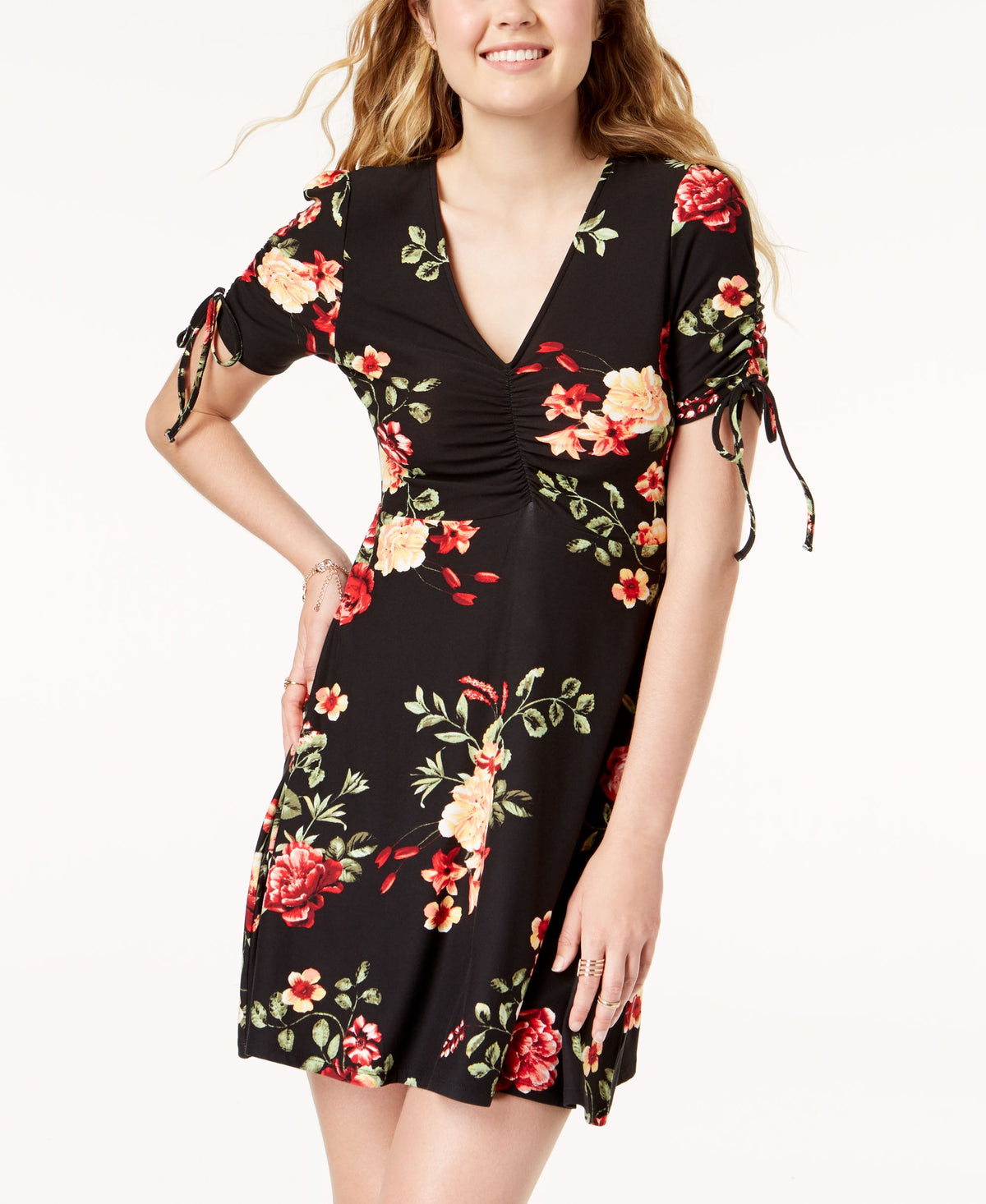 Planet Gold Juniors Floral Ruched Fit Flare Dress