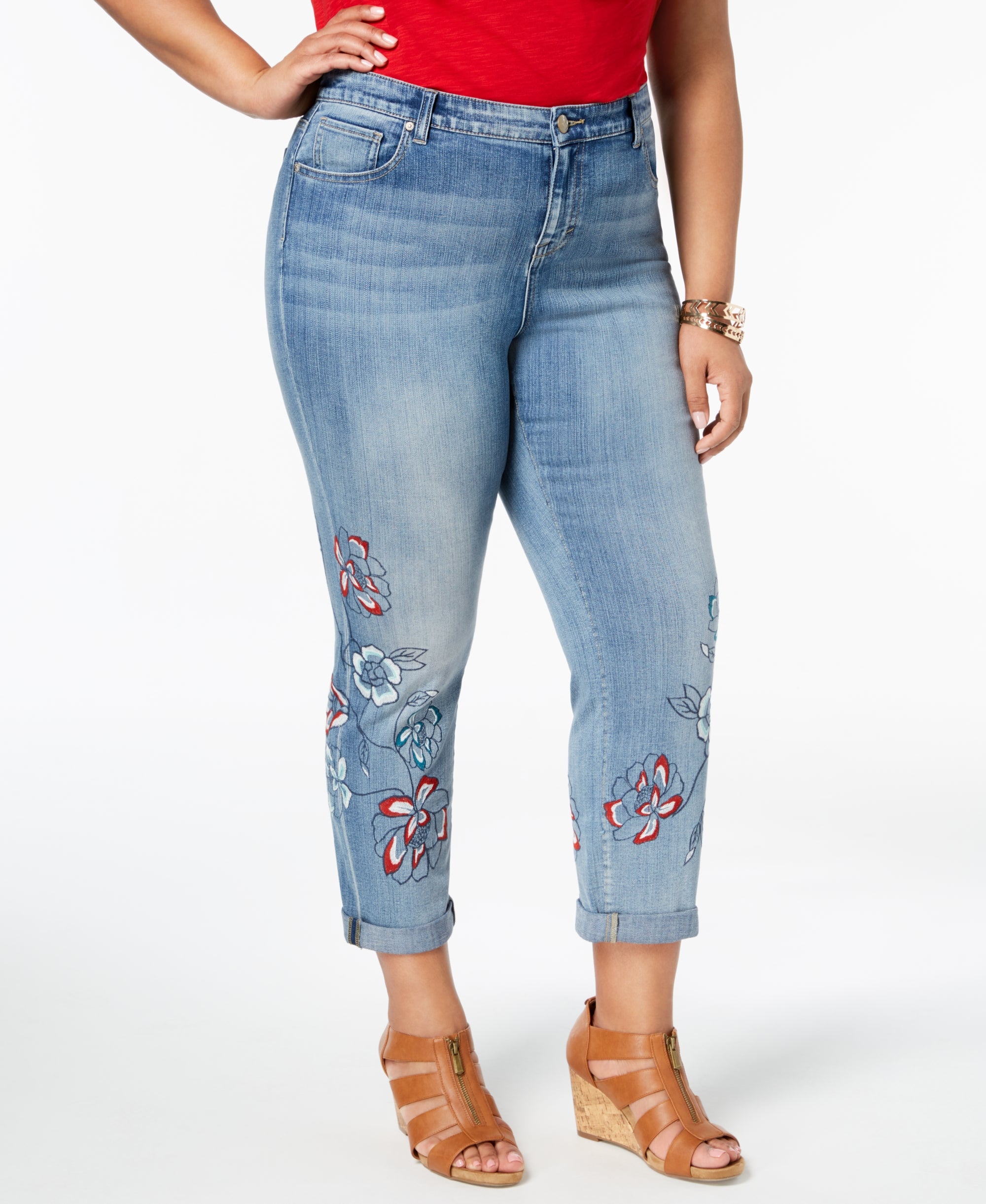 Plus Size Liberty Embroidered Boyfriend-Fit Ankle Jeans
