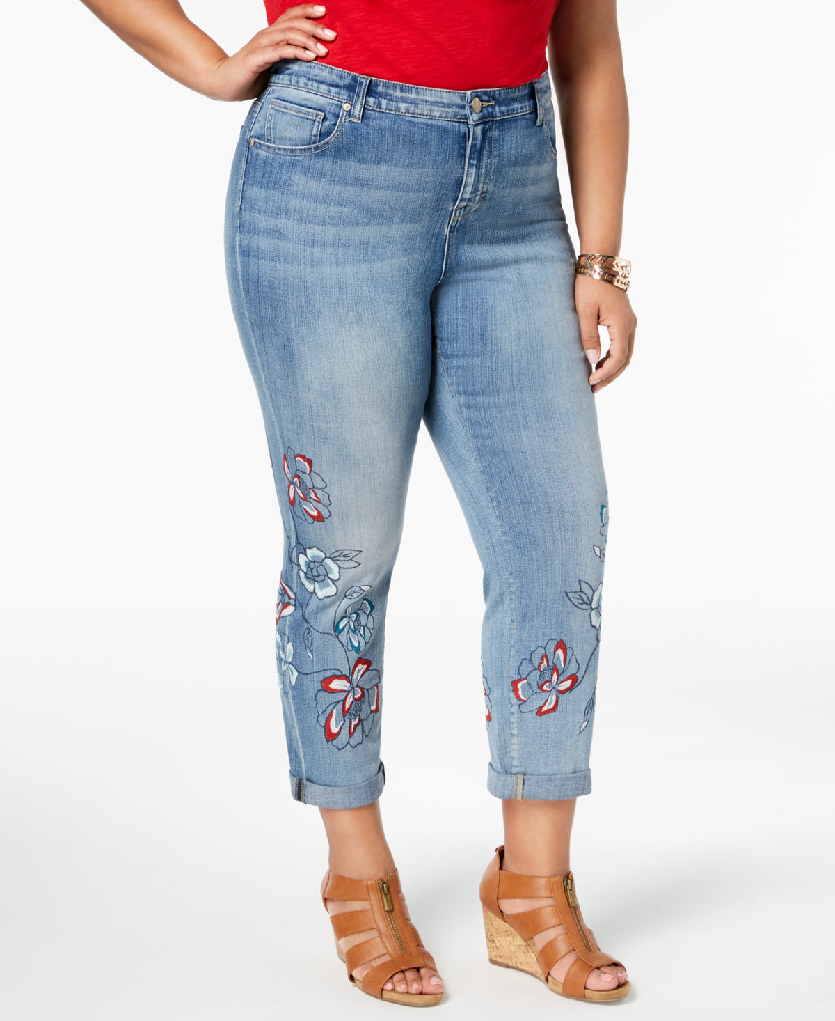 Plus Size Liberty Embroidered Boyfriend-Fit Ankle Jeans