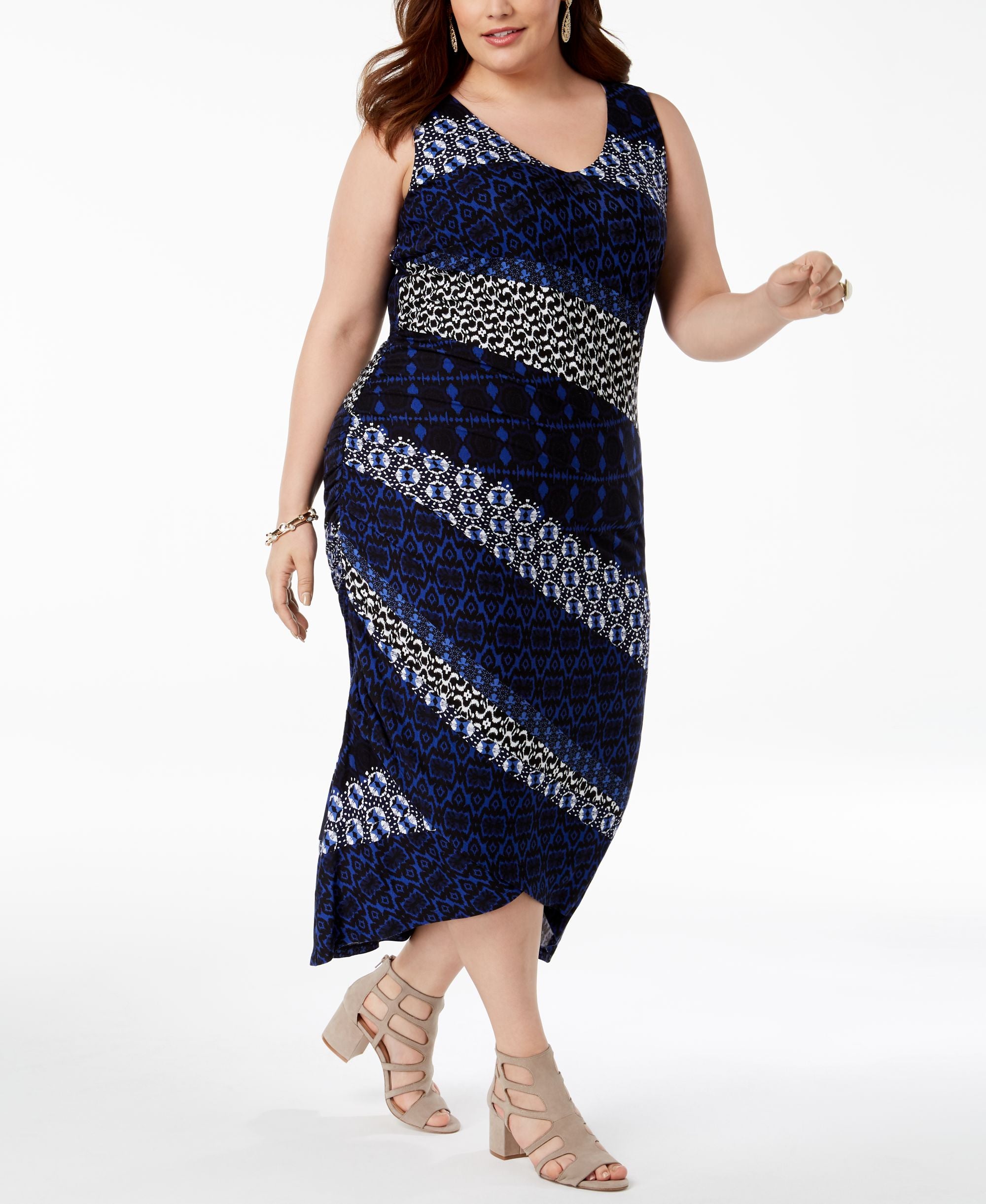 Plus Size Mixed Print Ruched Dress