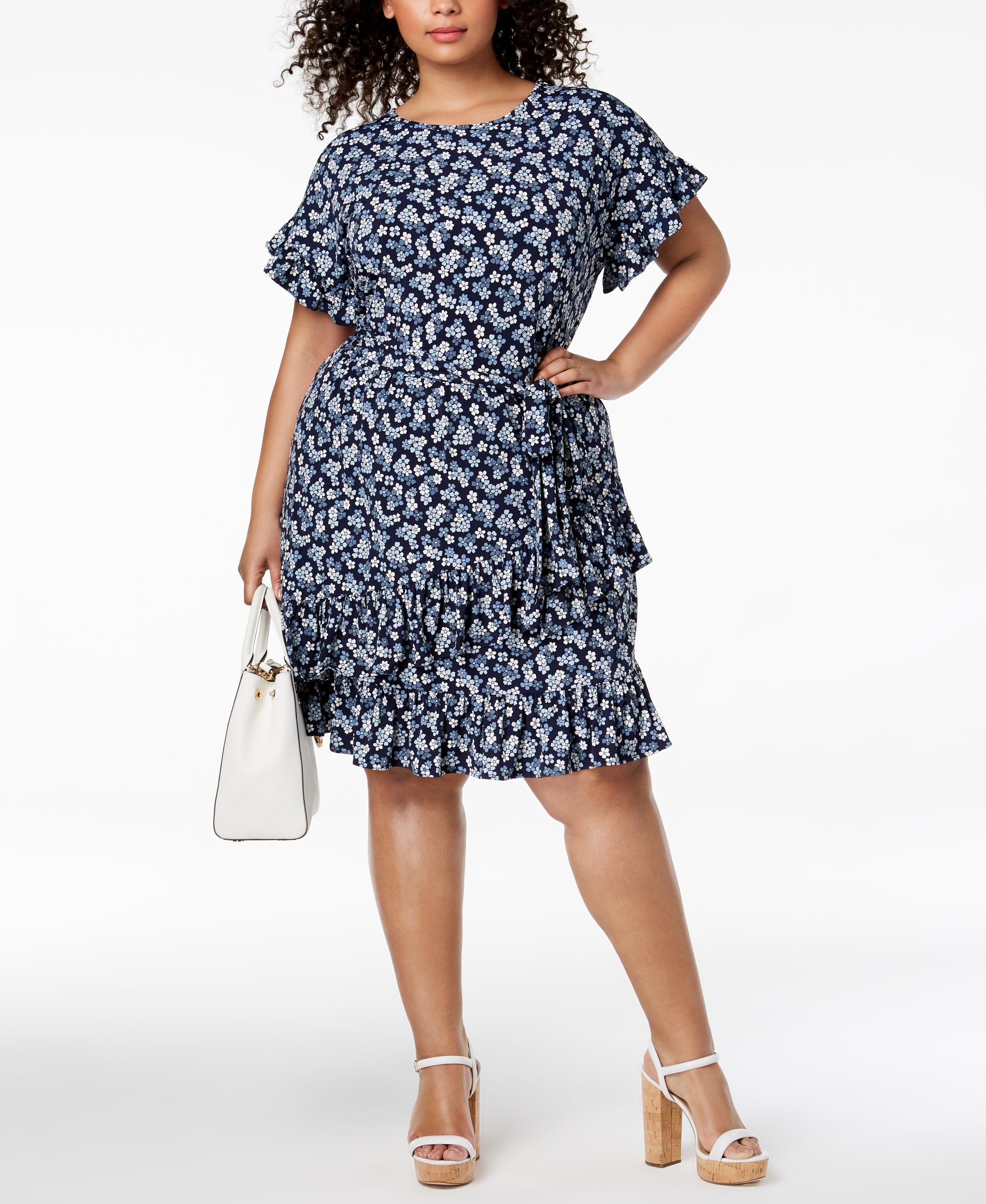 Michael Kors Womens Plus Size Ruffle Sleeves Floral Dress (True Navy/Light Chambray, 2X)